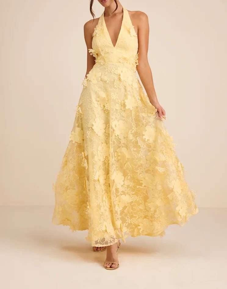Chloe Yellow淺黃色 3D刺繡花朵露背長禮服Dress