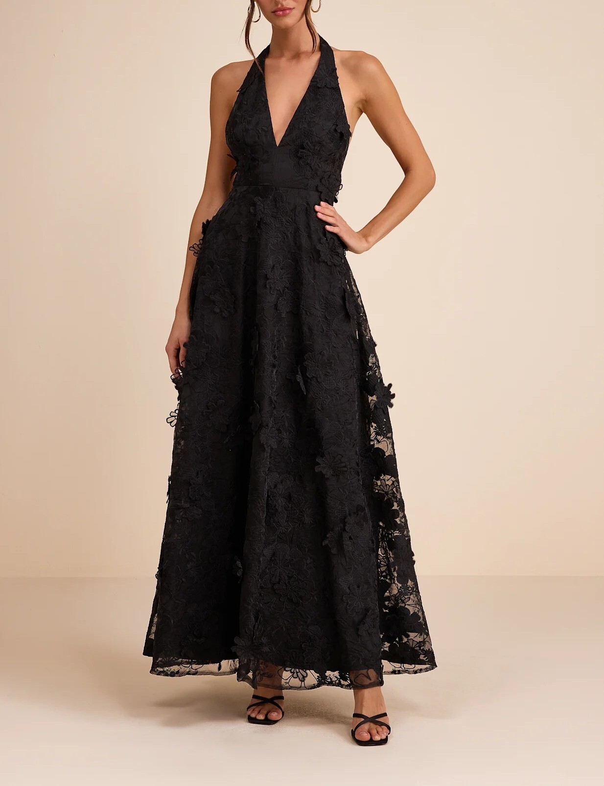 Chloe Black黑色 3D刺繡花朵露背長禮服Dress