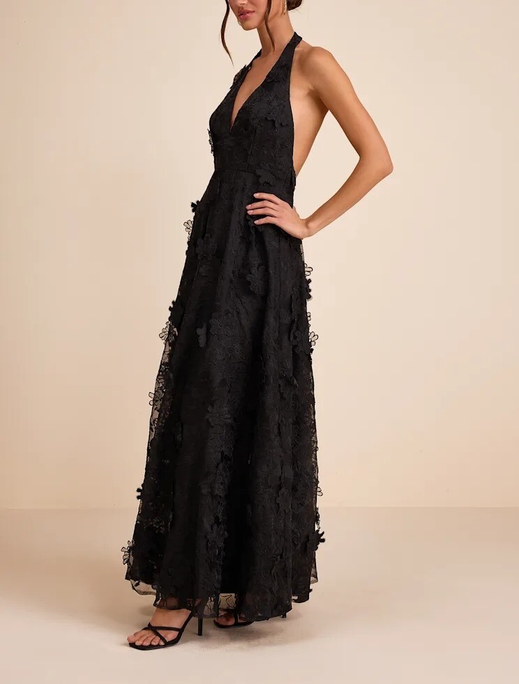 Chloe Black黑色 3D刺繡花朵露背長禮服Dress