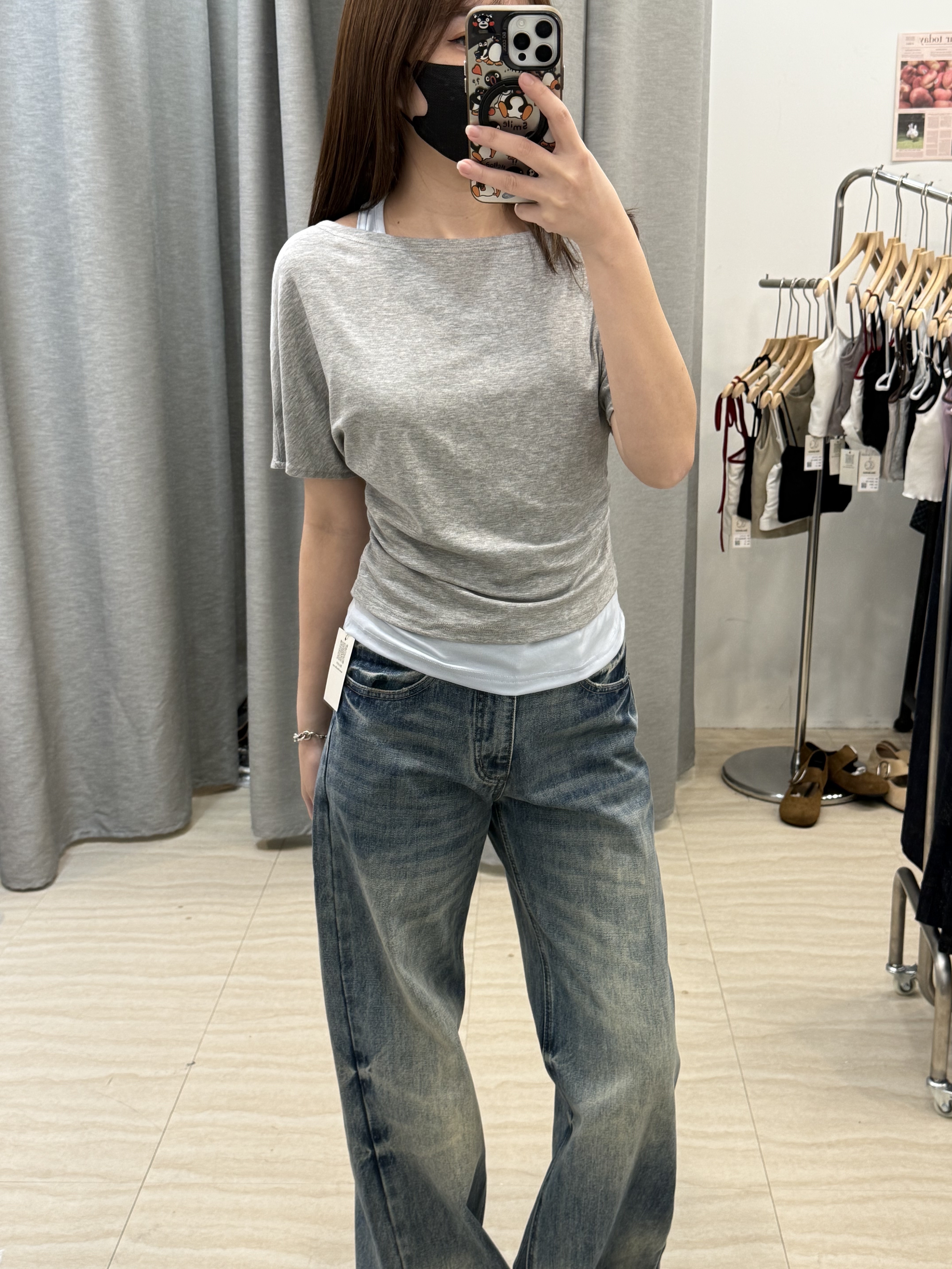 假兩件可斜肩彈性上衣