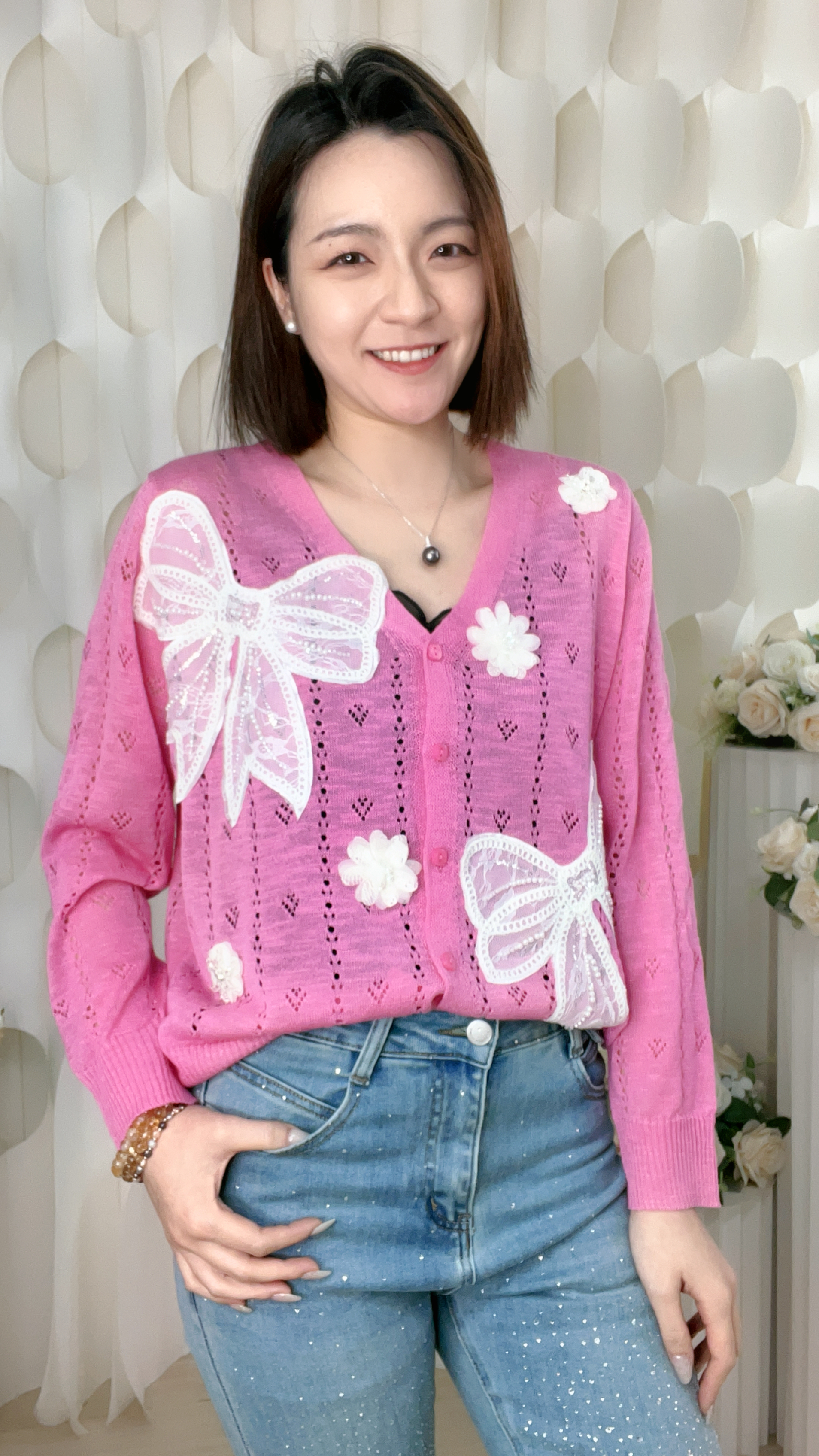 大LACE蝴蝶結串珠花薄針織（胸42-44 腰40-42 長22吋）26043 #2404clo