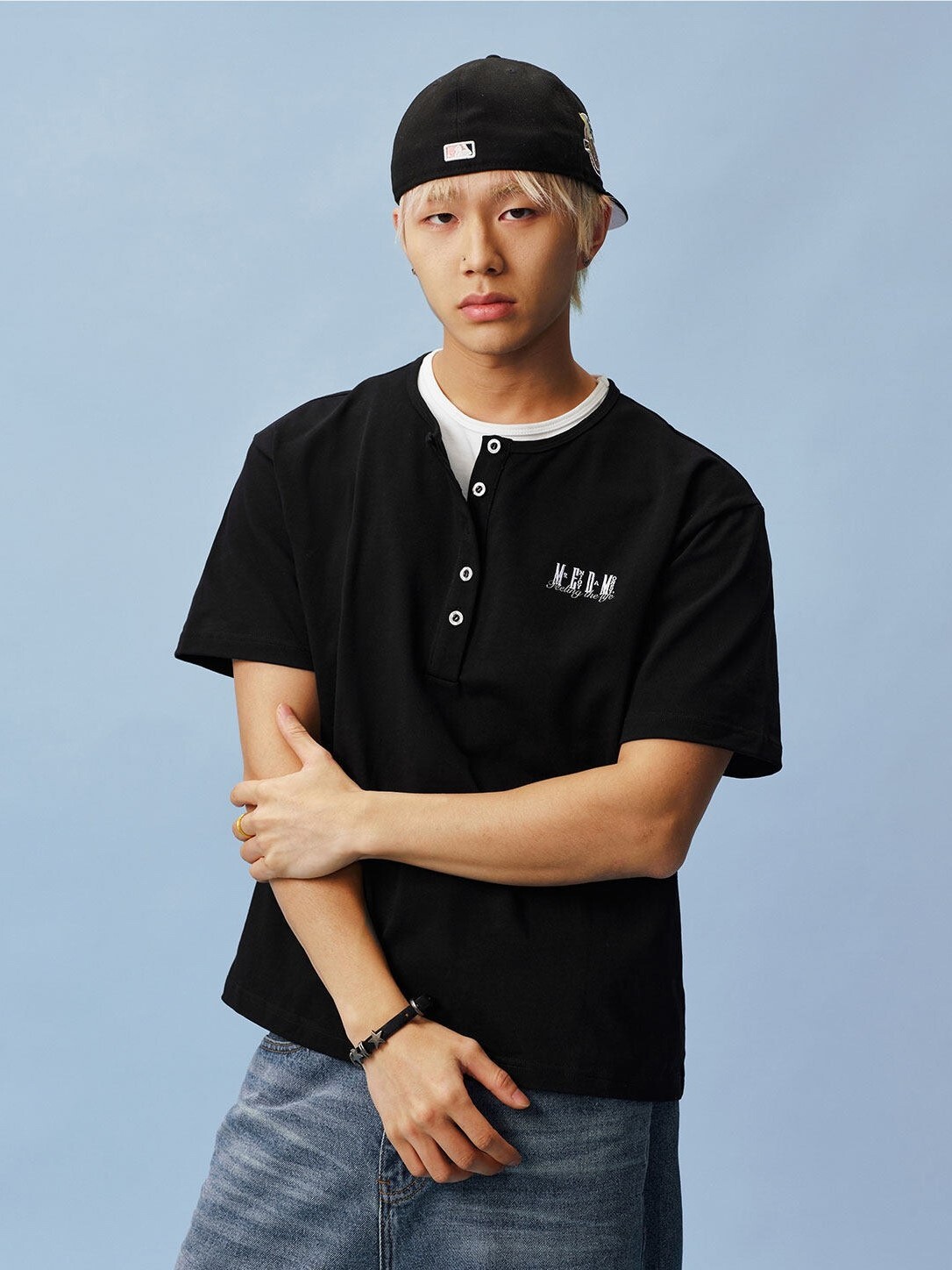 MEDM Embroidered Logo Faux Two-Piece Henley Collar Casual and Simple Short-Sleeve T-Shirt