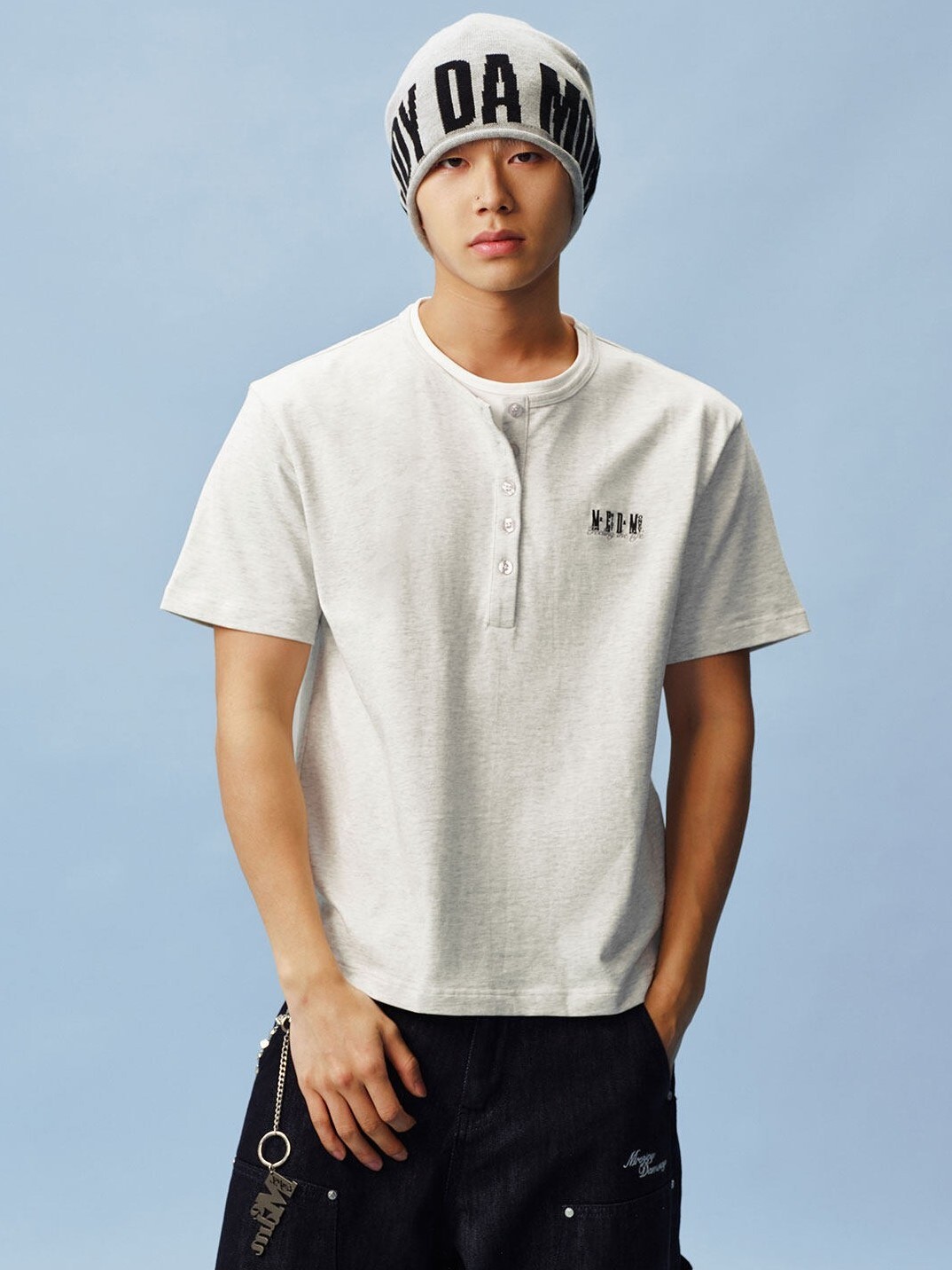 MEDM Embroidered Logo Faux Two-Piece Henley Collar Casual and Simple Short-Sleeve T-Shirt