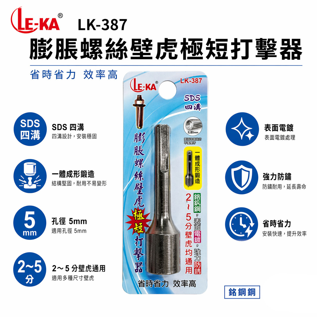 升級款 LE-KA｜LK-387 SDS 四溝膨脹螺絲壁虎｜2–5分通用｜一體成形鍛造｜高強度防鏽壁虎打擊器｜長 80mm 穩定耐用