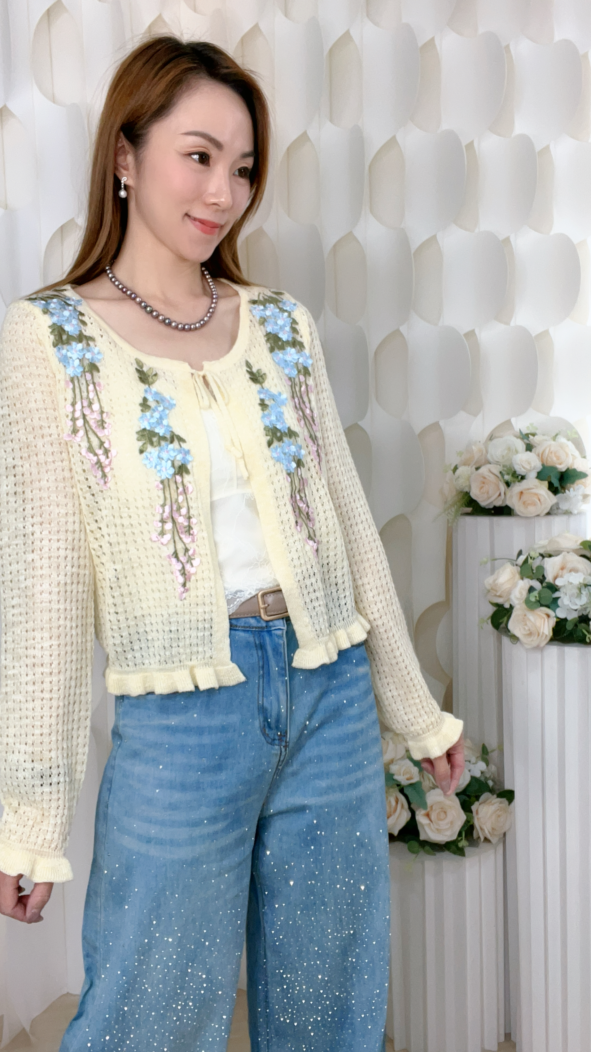 刺綉花無紐薄針織外套（胸38-44 腰*無限 長19吋）26050 #2404clo