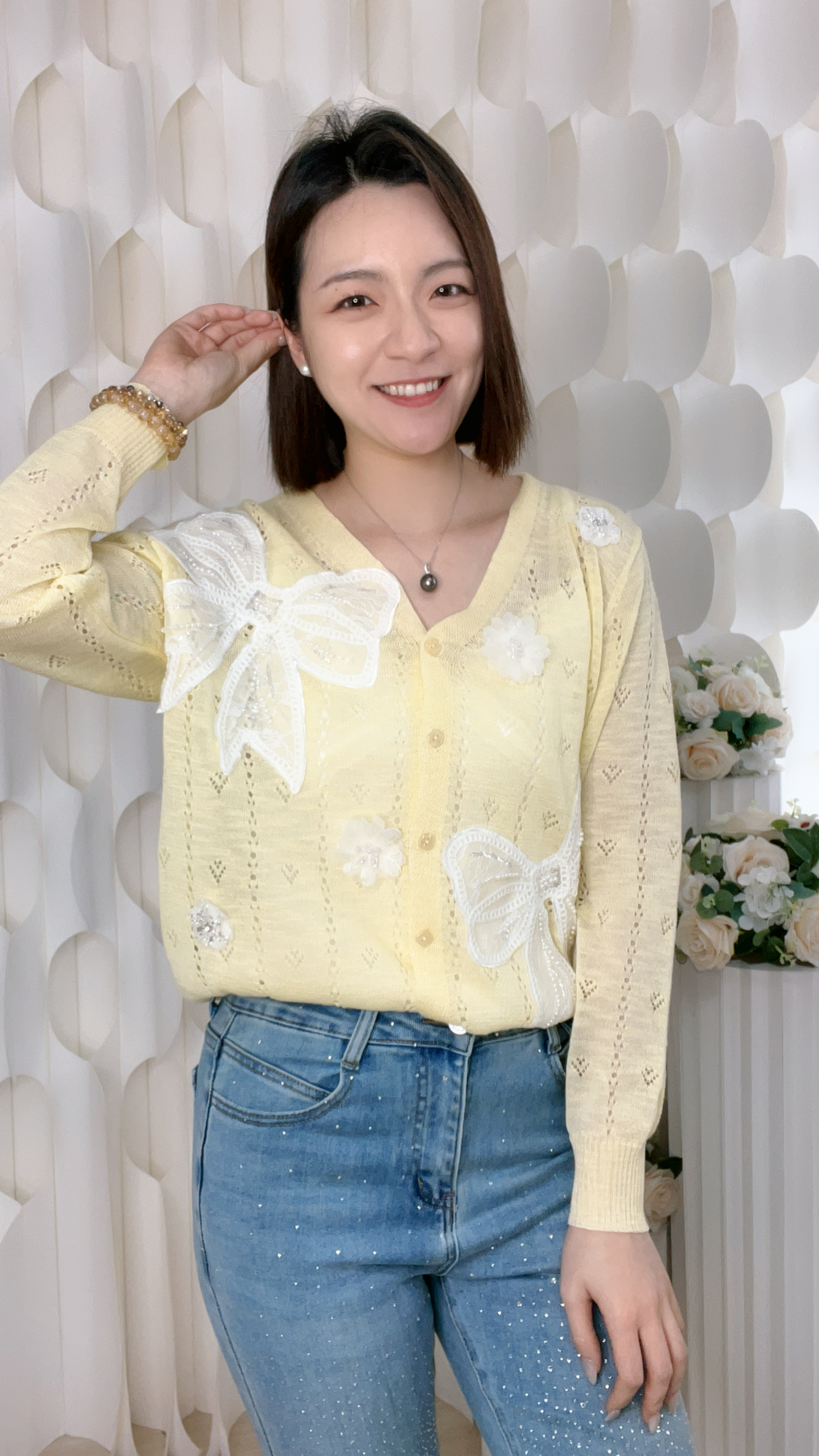 大LACE蝴蝶結串珠花薄針織（胸42-44 腰40-42 長22吋）26043 #2404clo