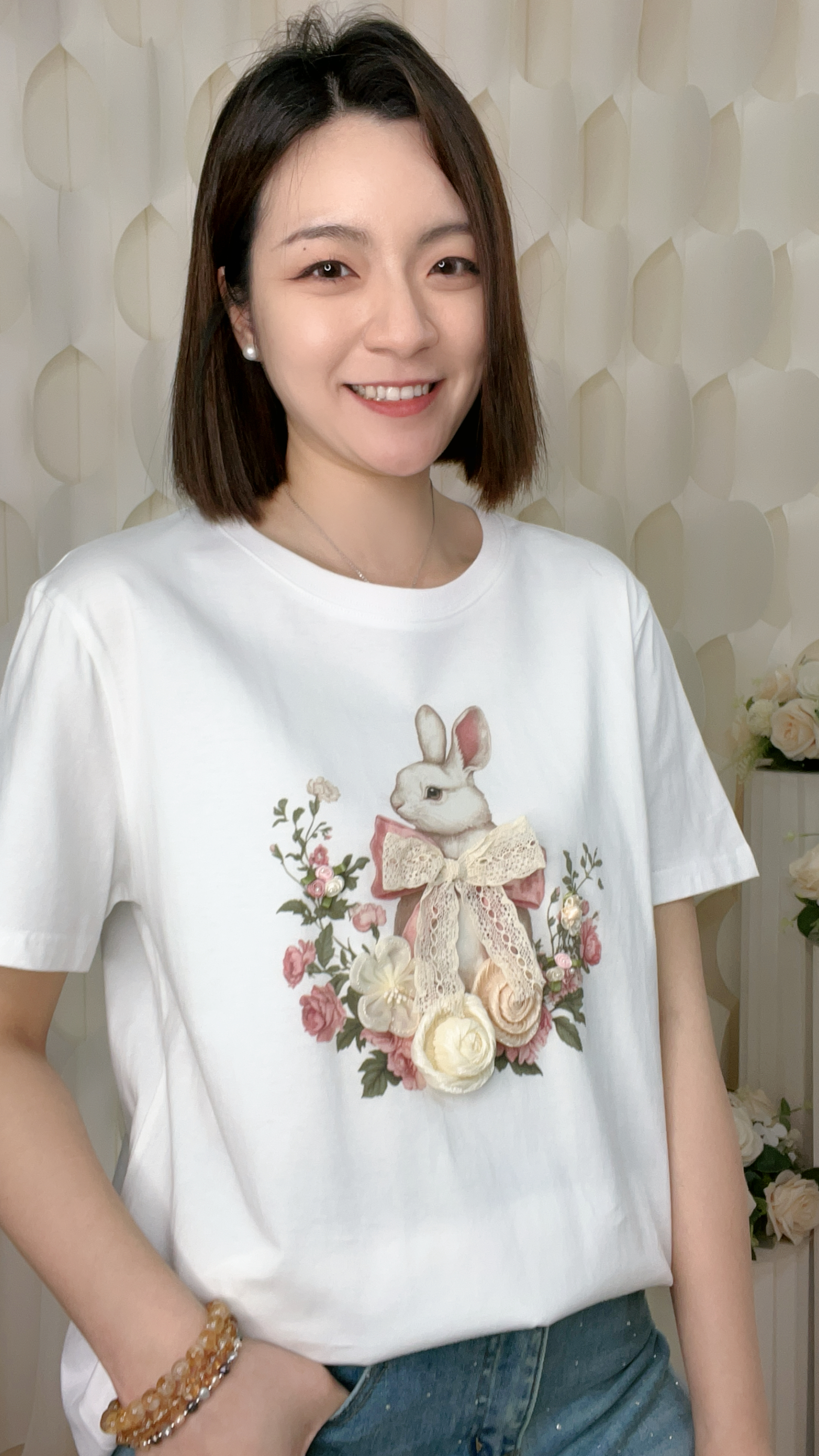 立體花蝴蝶結兔仔印花棉質上衣（胸40-44 腰40-44 長24吋）26046 #2404clo