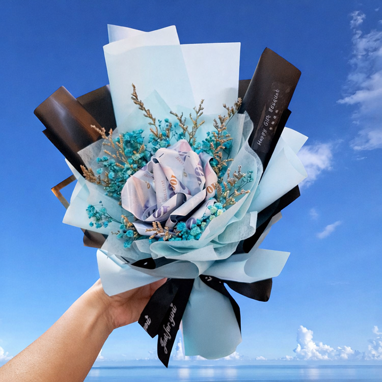 單朵玫瑰滿天星仟元鈔票花束