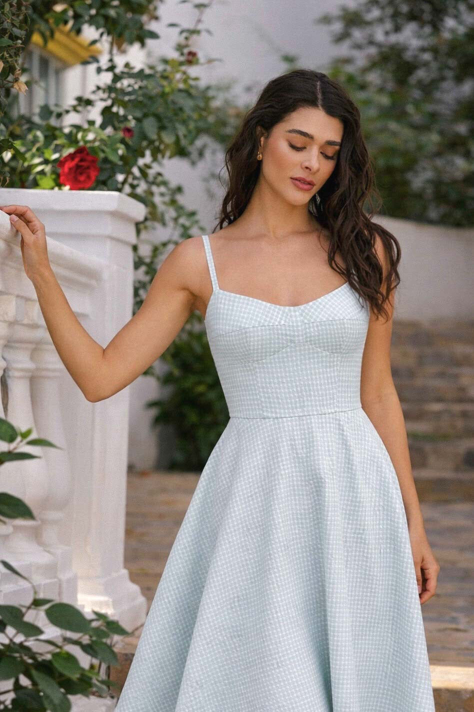 1GL0426-033 [GAALA] Antonia Cotton Dress Turquoise Gingham (EU)