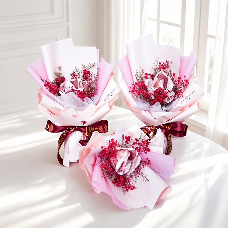 三束粉紅色單朵鈔票花束