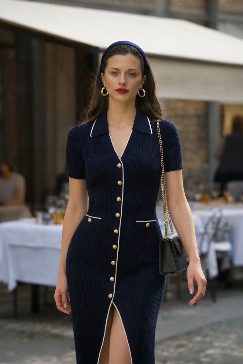 1GL0426-174 [GAALA] Lizette Midi Knit Dress Navy With Cream (EU)