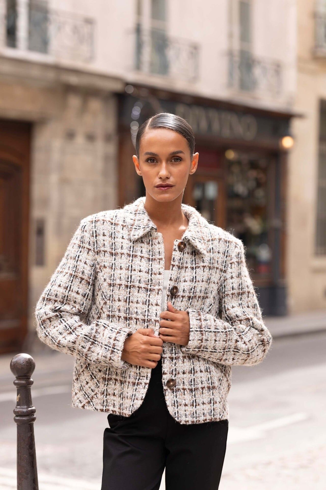 1GL0426-215 [GAALA] Melanie Wool Short Coat Brown Silver Multicolor (EU)