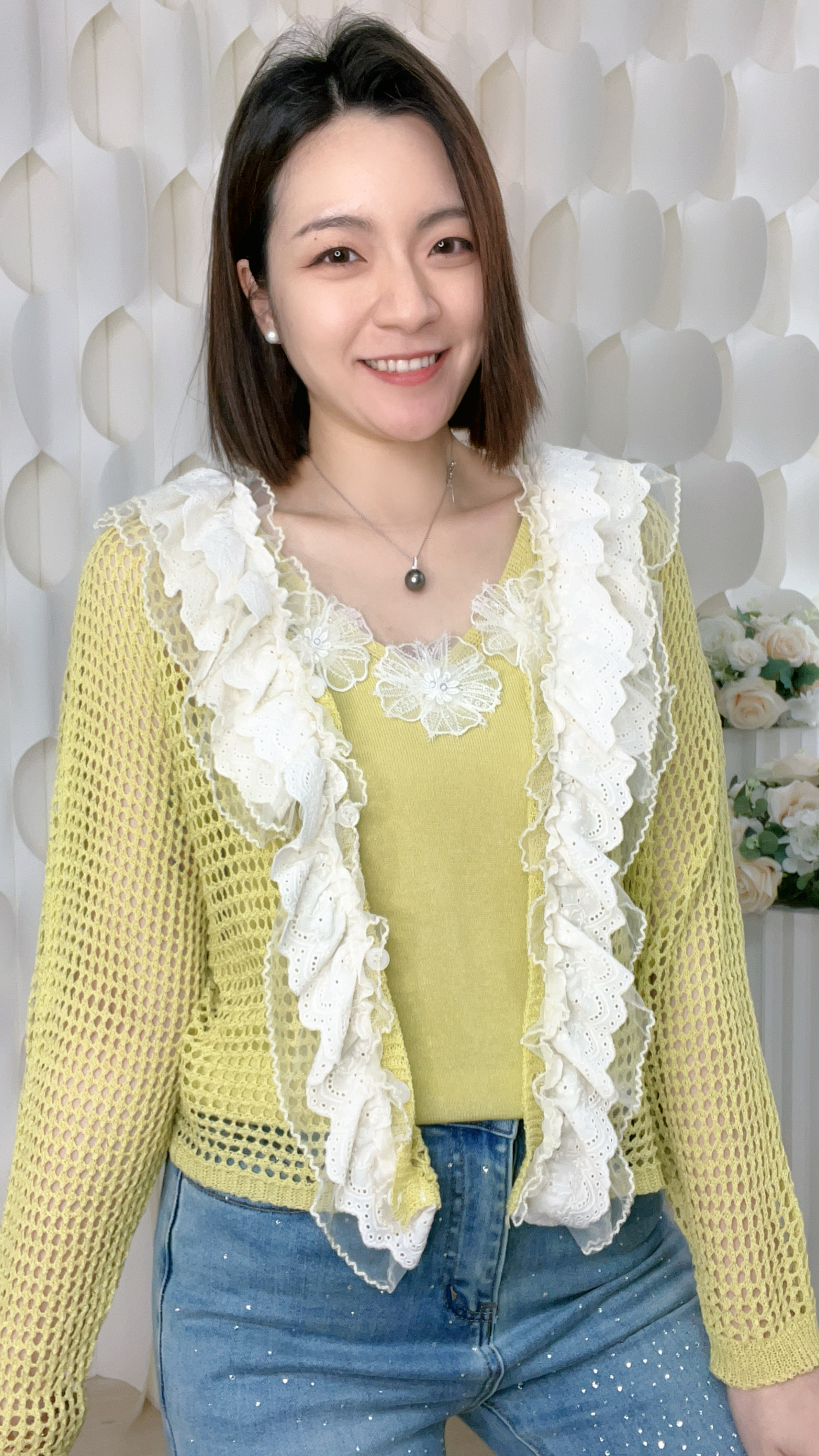 LACE花針織上衣拼通花邊針織外套（背:胸30-36 腰30-38 長23吋 胸腰*無限 長19吋）26054 #2404clo