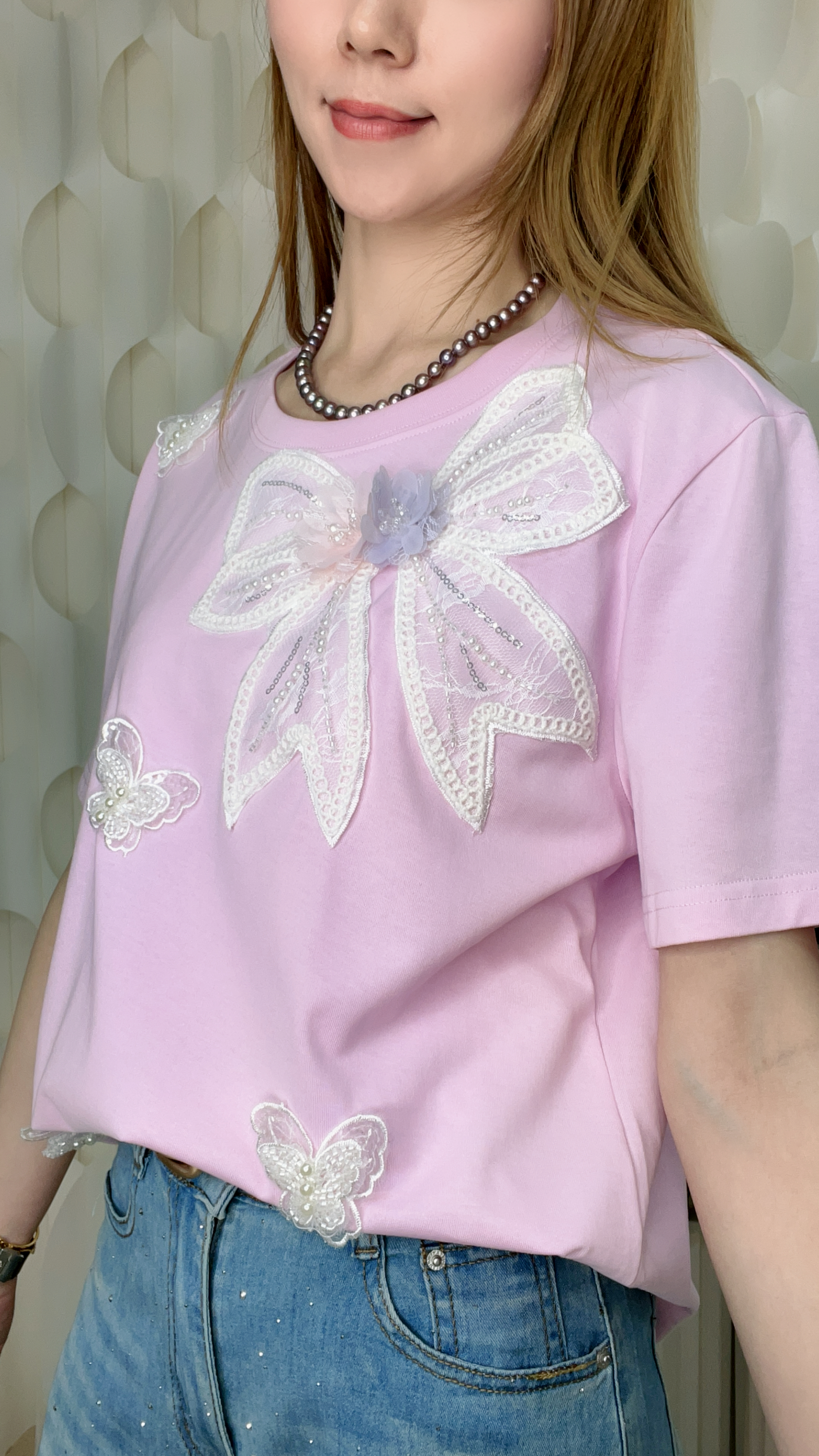 立體串珠蝴蝶LACE大蝴蝶結棉質上衣（胸40-42 腰38-40 長24吋）26040 #2404clo