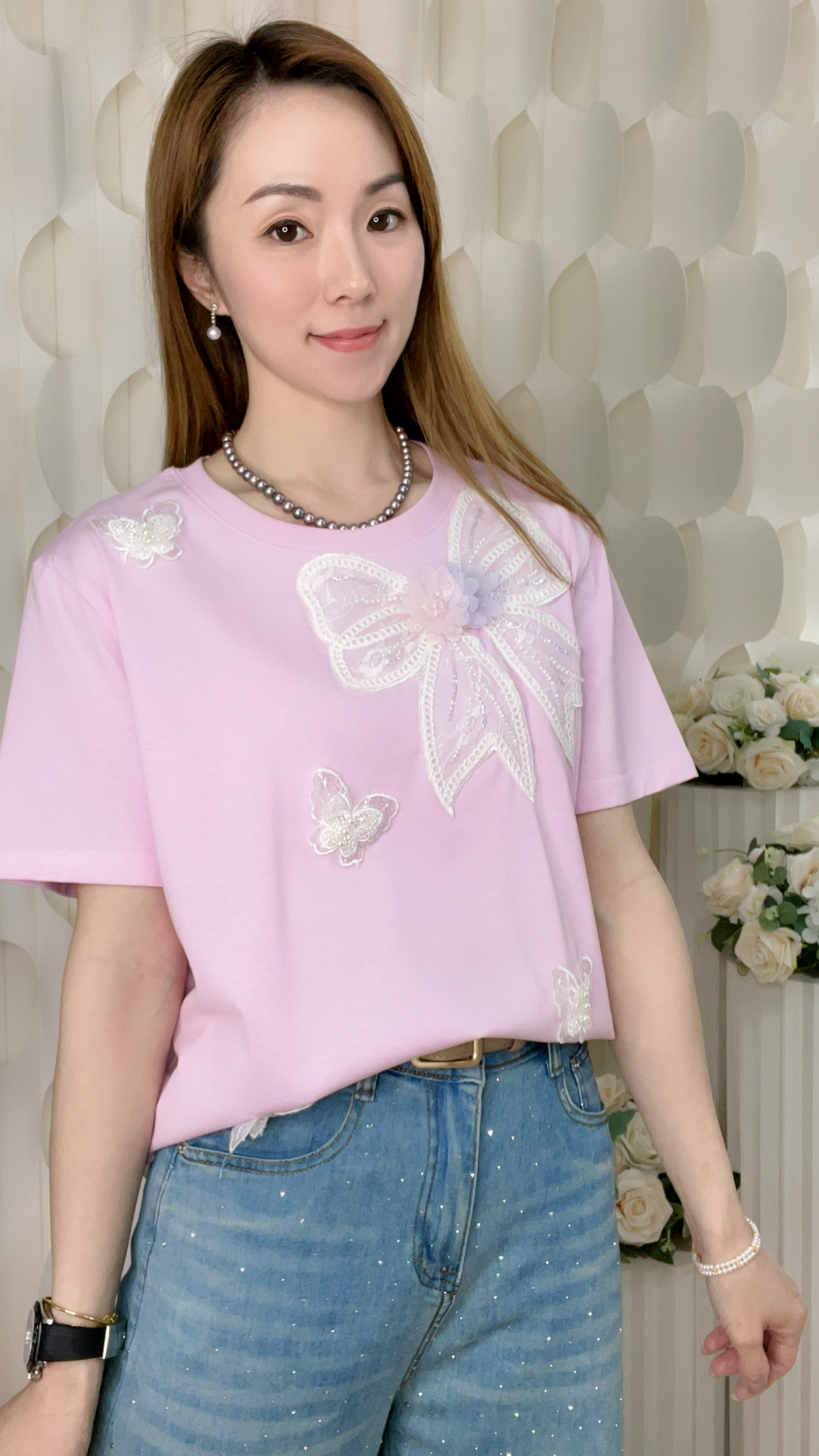 立體串珠蝴蝶LACE大蝴蝶結棉質上衣（胸40-42 腰38-40 長24吋）26040 #2404clo