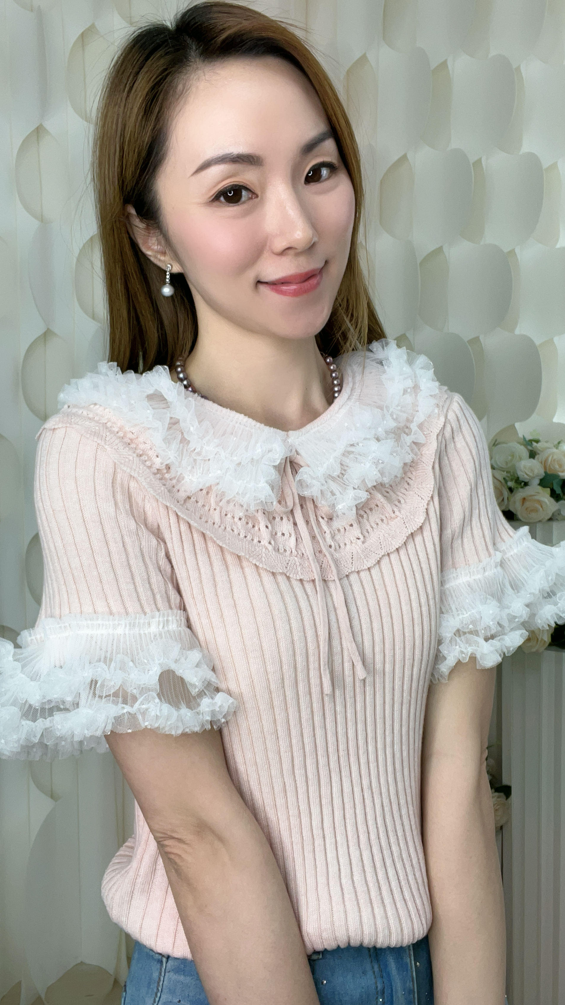 LACE邊手袖拼針織上衣（胸30-54 腰26-52 長19吋）26056 #2404clo