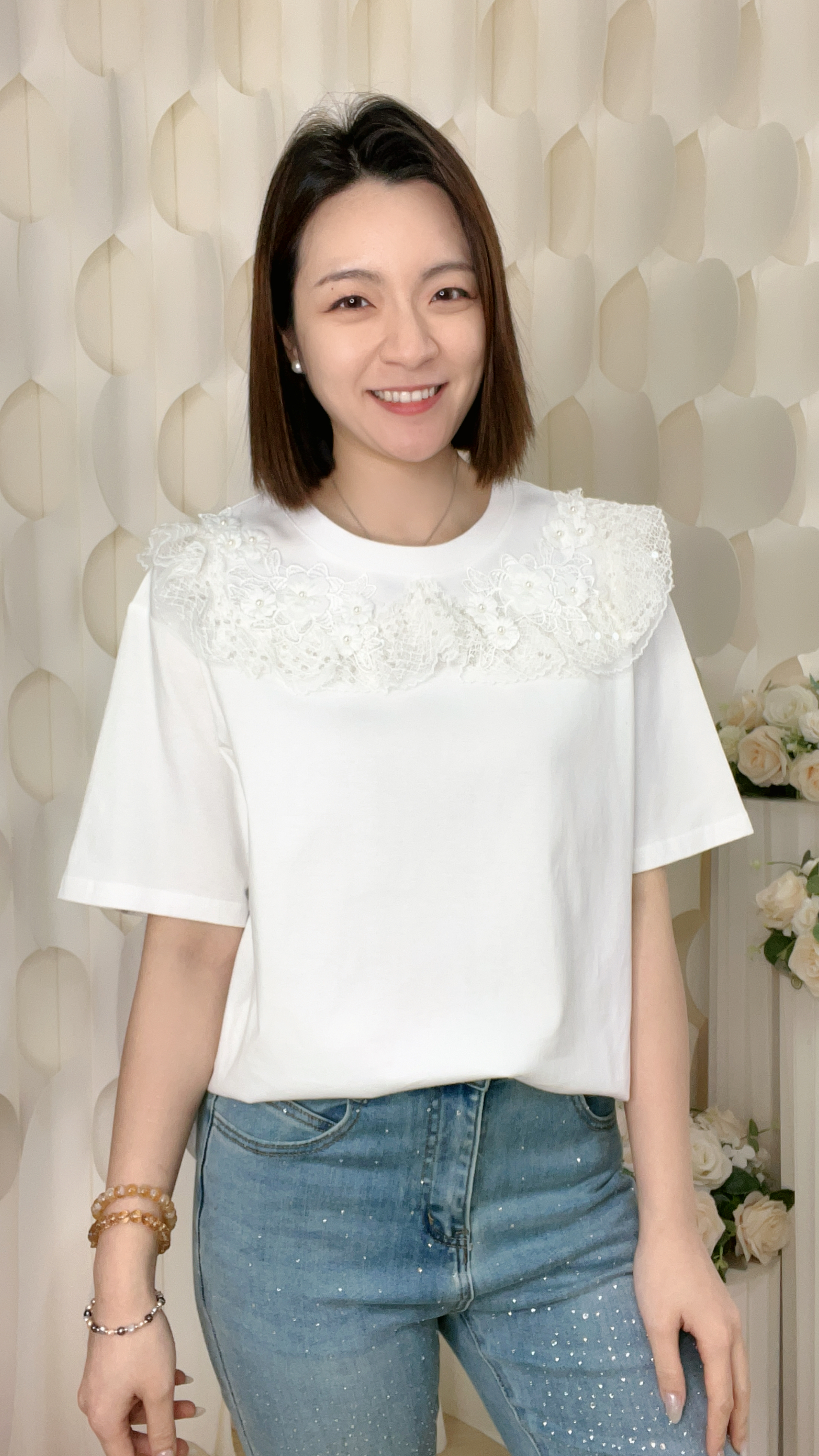 珍珠花亮片LACE領棉質上衣（胸42-46  腰42-46 長25吋）26062 #2404clo