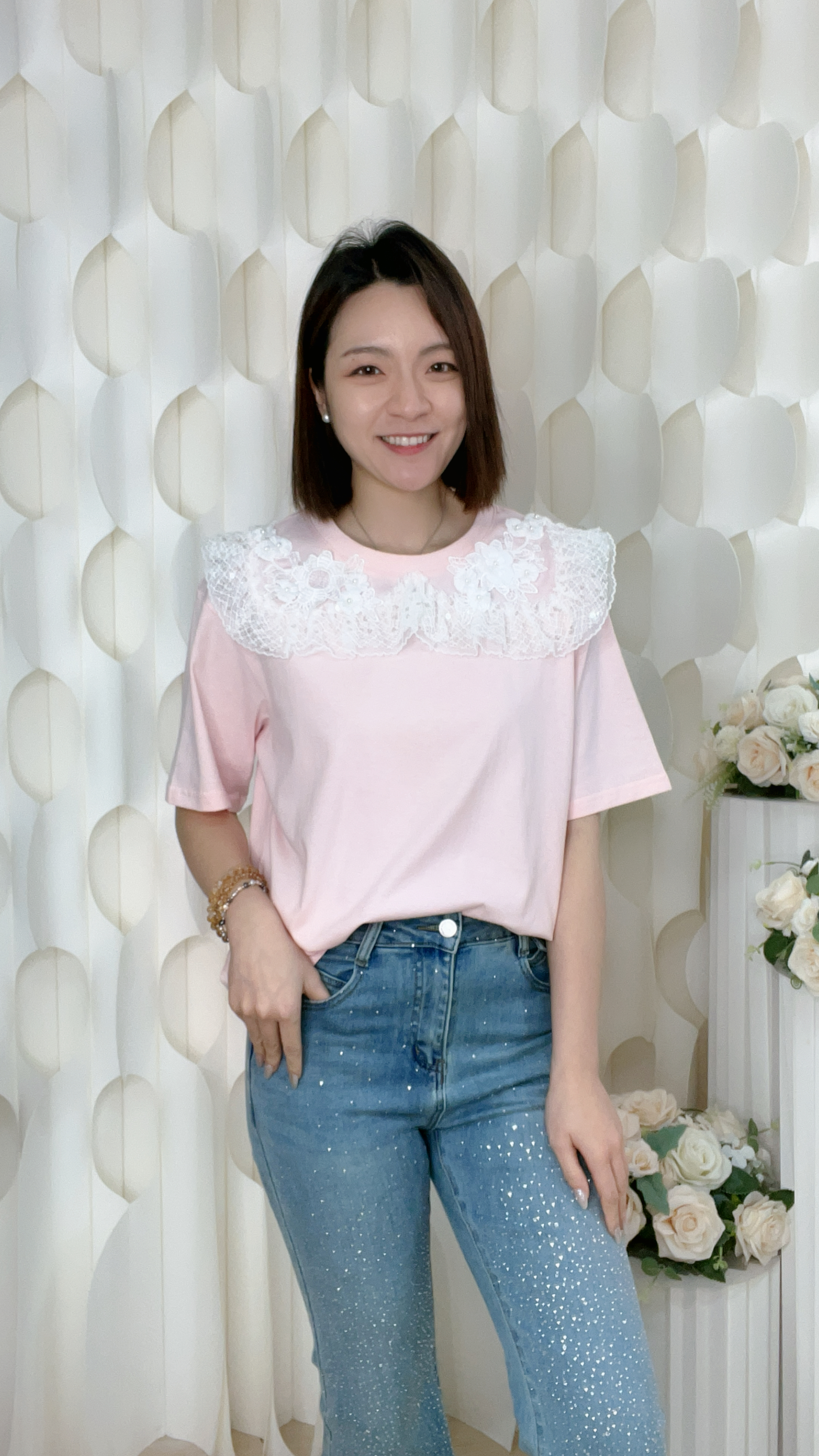 珍珠花亮片LACE領棉質上衣（胸42-46  腰42-46 長25吋）26062 #2404clo