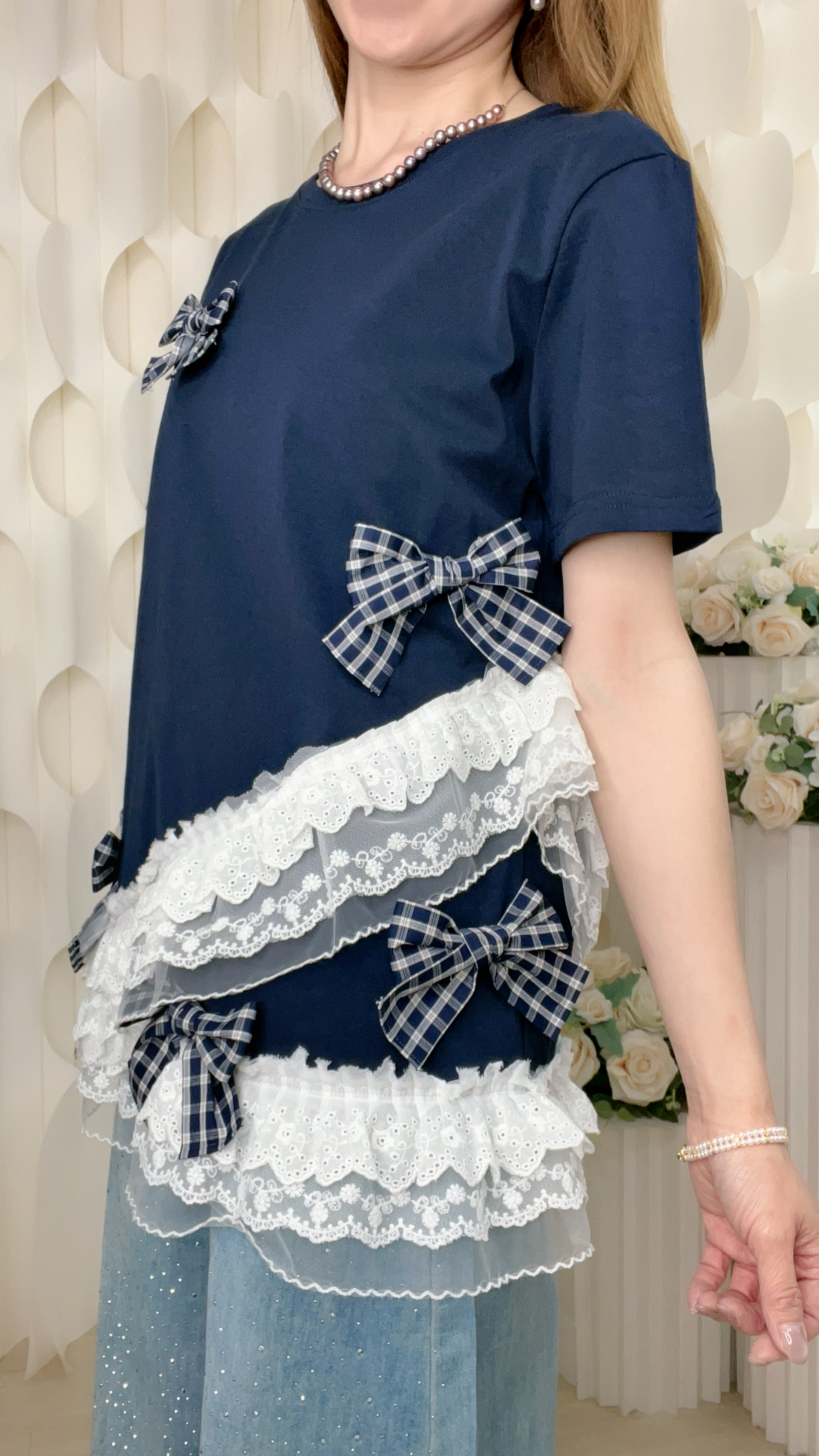 LACE邊格子蝴蝶結拼棉質長上衣（胸38-40 腰37-40 長27吋）26069 #2404clo