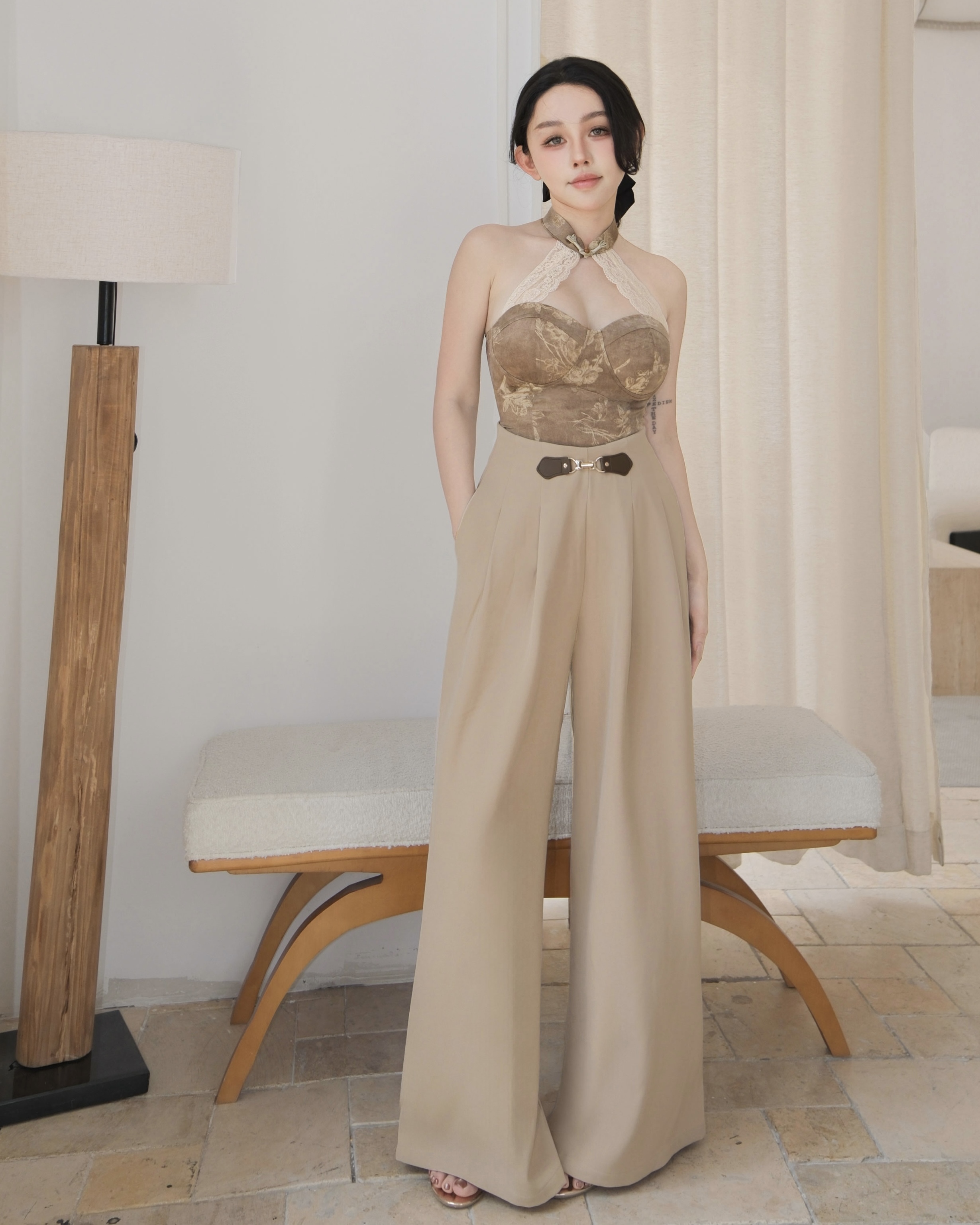 訂製-質感皮帶釦修身寬褲