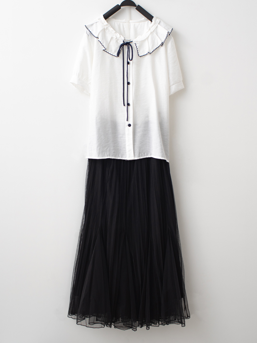 荷葉領綁帶襯衫百褶拼接層次魚尾紗裙組合