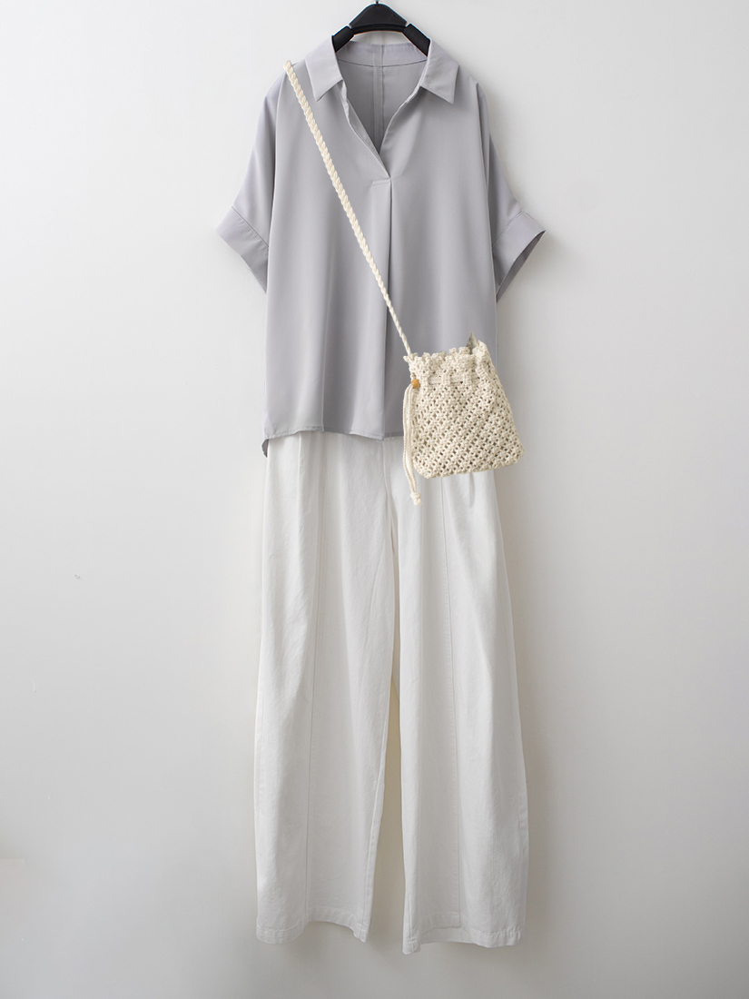 開襟打褶連袖上衣跳色配釦剪接寬褲組合