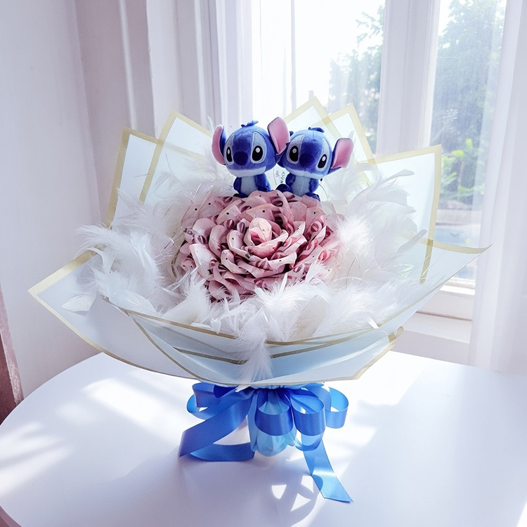 史迪奇21張百元鈔票羽毛花束