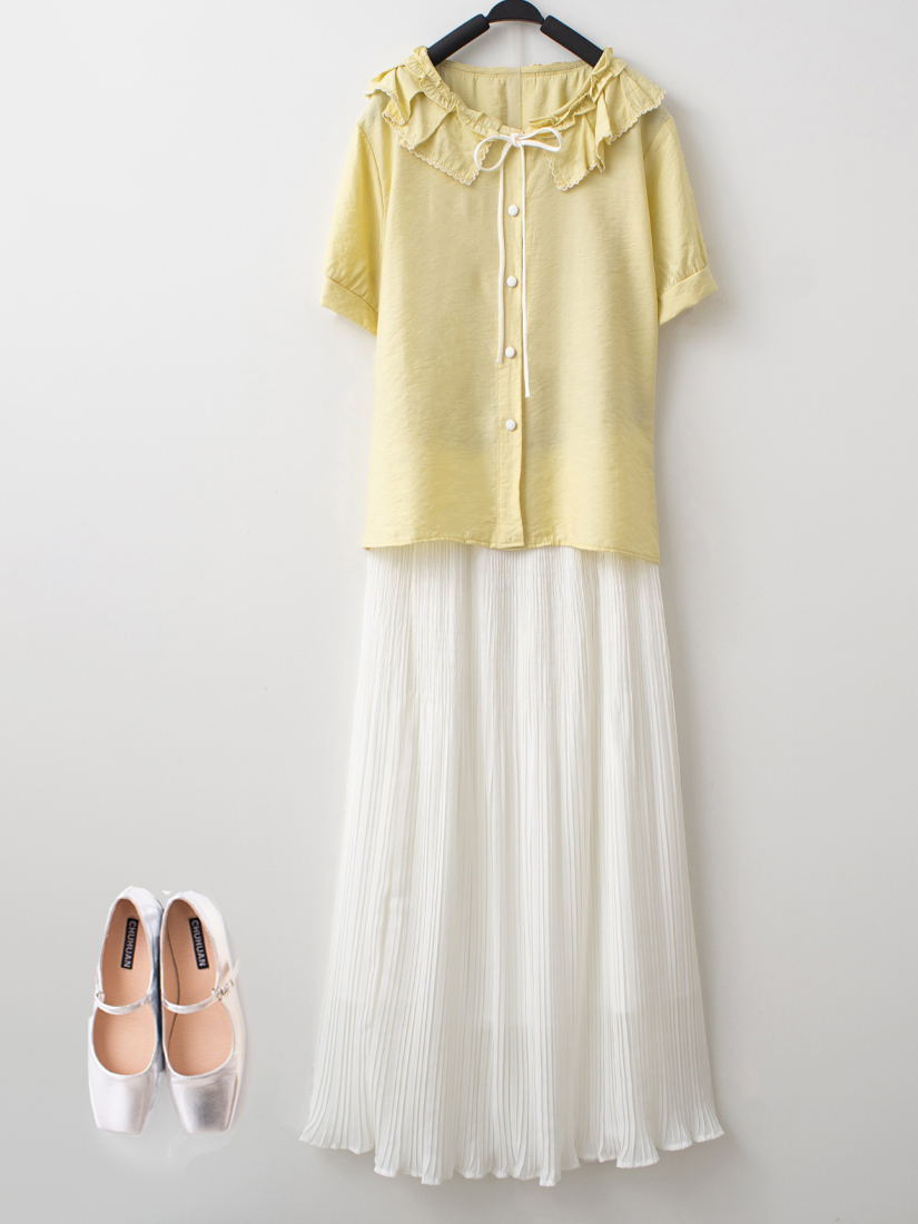 荷葉領綁帶襯衫層次壓褶雪紡長裙組合