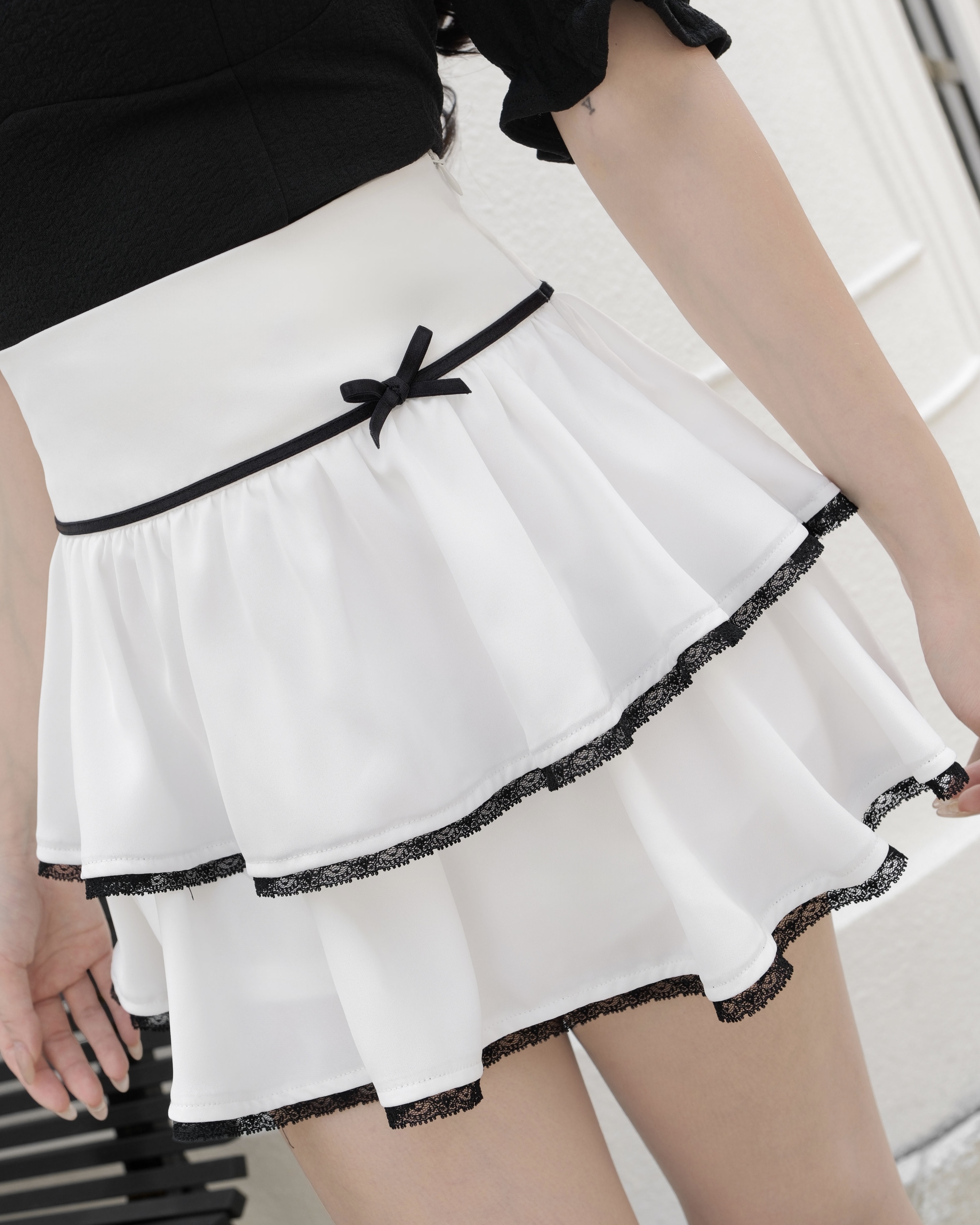 訂製-純欲黑白小香風荷葉傘裙