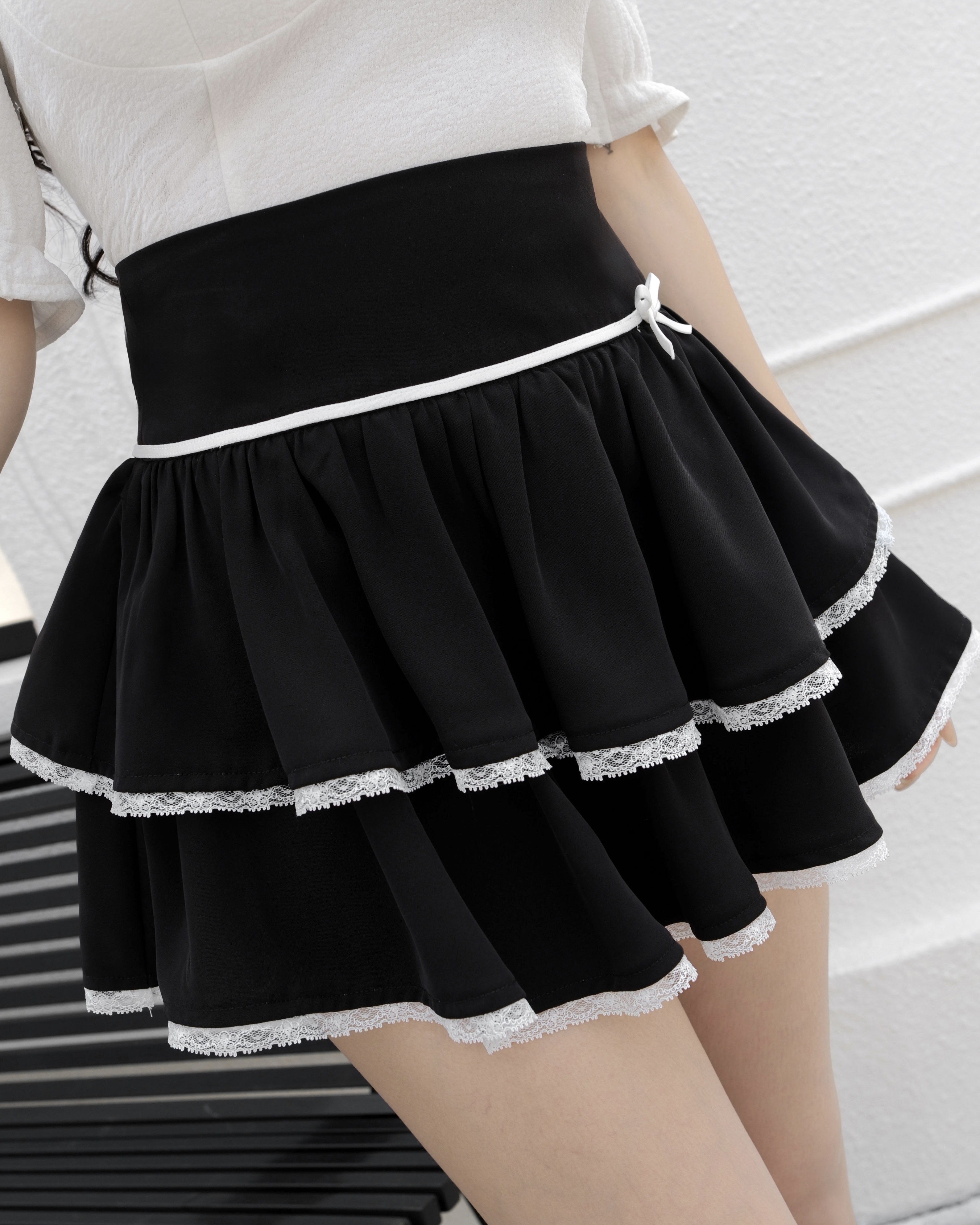 訂製-純欲黑白小香風荷葉傘裙