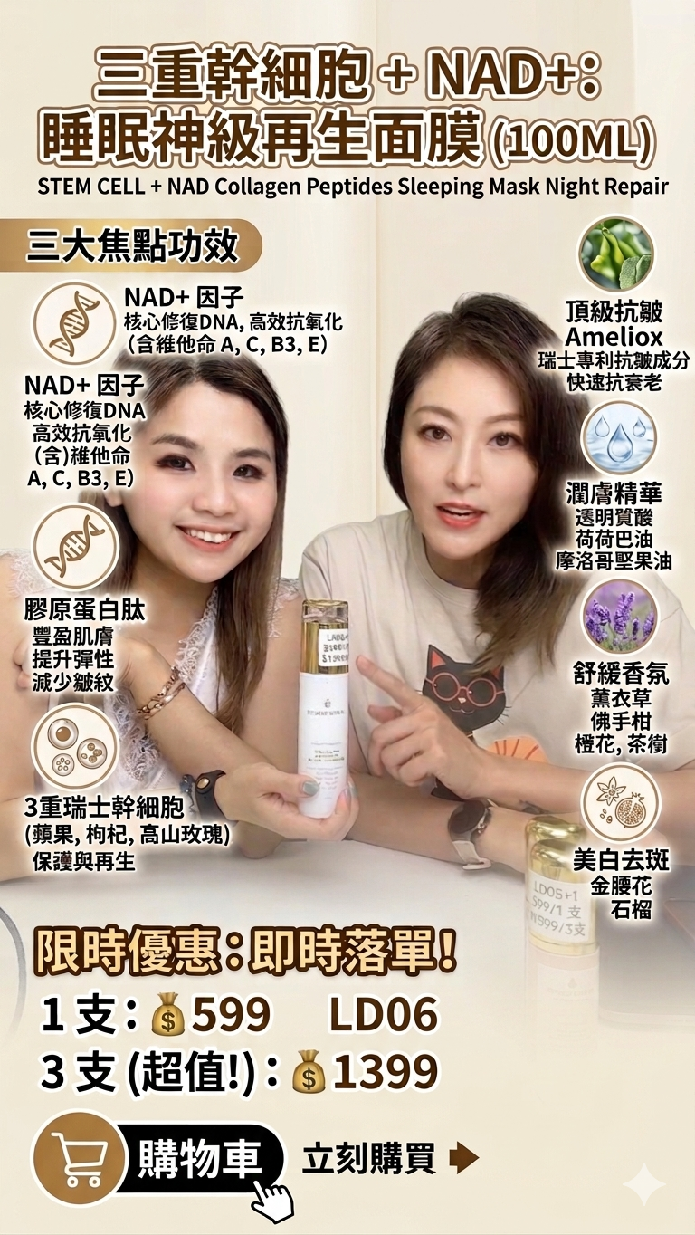 LD06 "三重幹細胞+NAD 睡眠面膜 100ML  STEM CELL+NAD Collagen Peptides Sleeping Mask Night Repair" LD43 Formulated in Switzerland $599/1 $1399/3支送:3 in 1深層潔面泡泡220ML 1支 **同價可混搭**