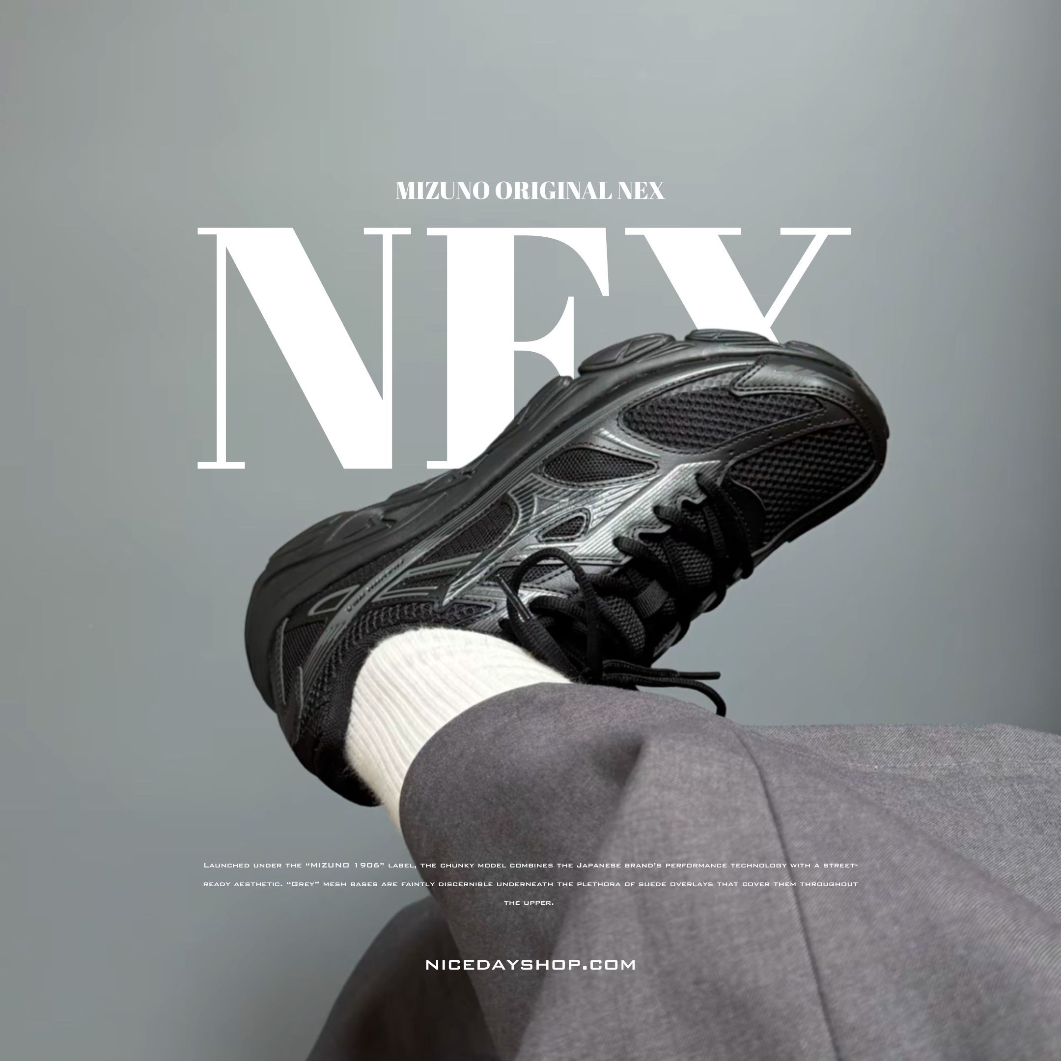 NICEDAY 代購 Mizuno NEX 全黑款 春夏 復古 網面 透氣 輕便 低筒 D1GH262402