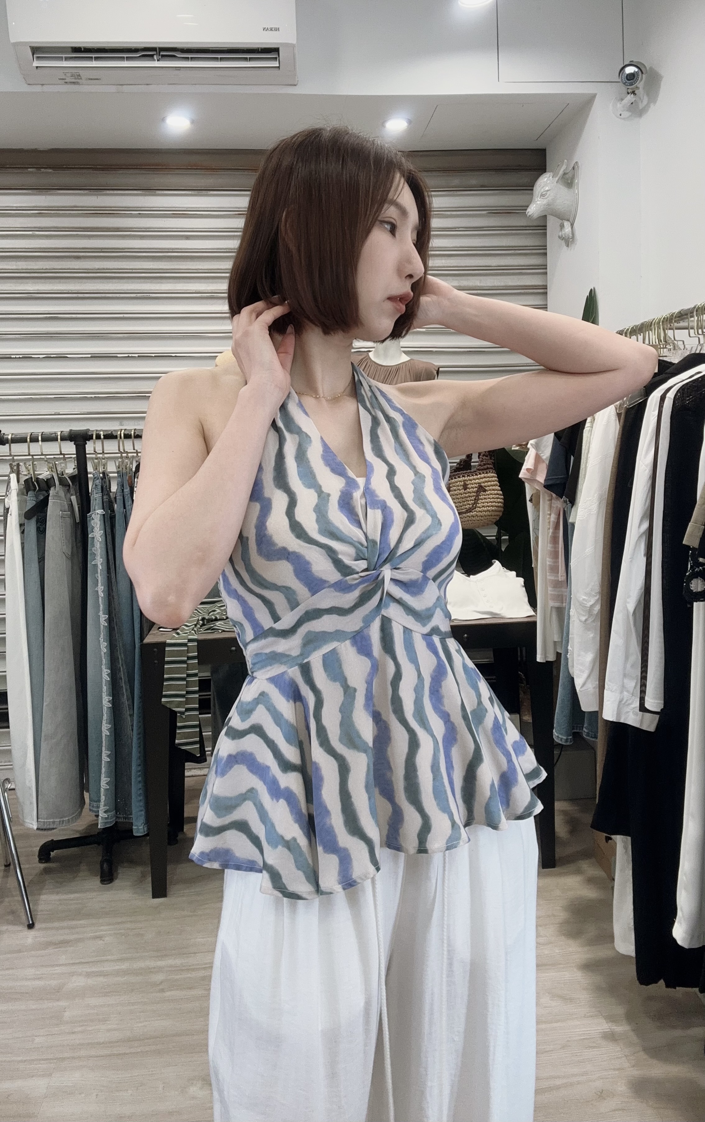 度假感印花削肩美背背心 藍黃