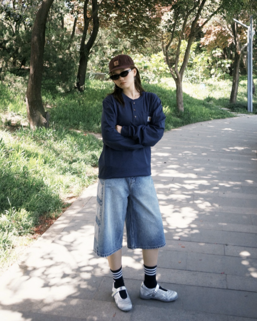 ADIDAS ORIGINALS 牛仔藍 短褲 寬鬆 七分褲