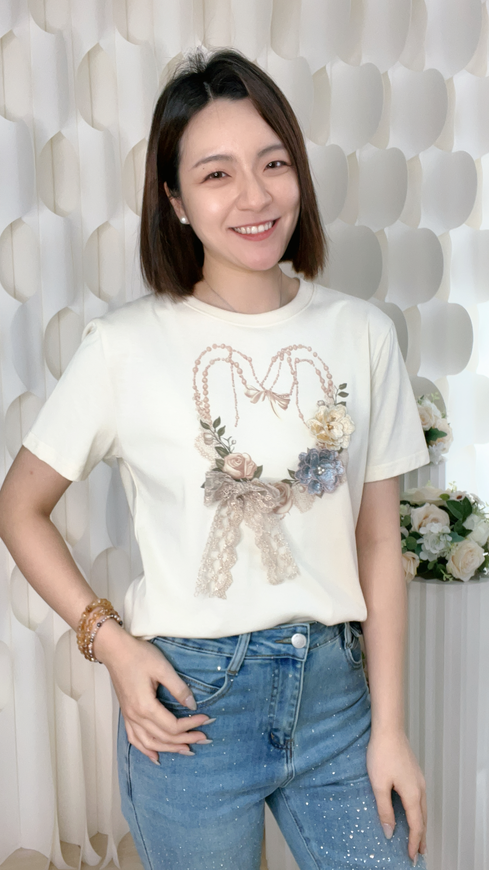 心形印花立體花蝴蝶結棉質上衣（胸38-40 腰38-40 長23吋）26073 #2404clo