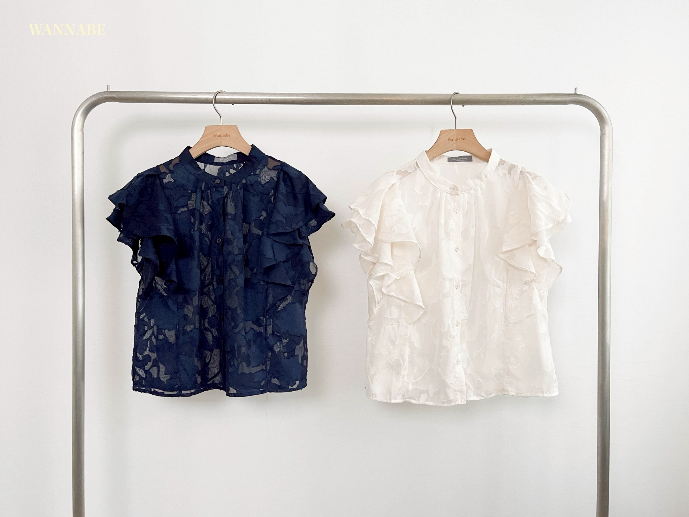 G6173-立領蕾絲荷葉透膚上衣