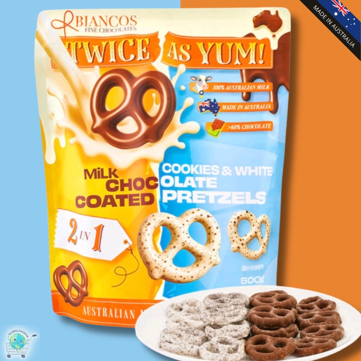 Biancos 2 in 1 Milk and Cookies / White Chocolate Coated Pretzels, 500g