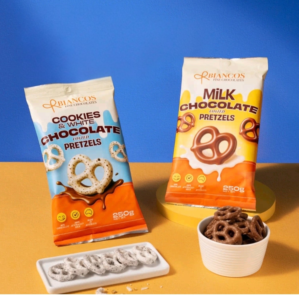 Biancos 2 in 1 Milk and Cookies / White Chocolate Coated Pretzels, 500g