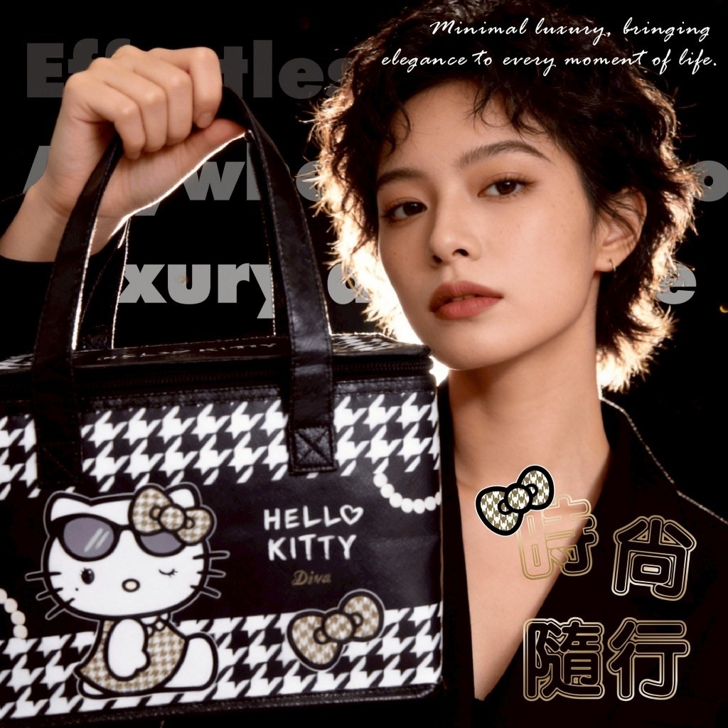 HELLO KITTY千鳥紋大容量保溫提袋 一組2件