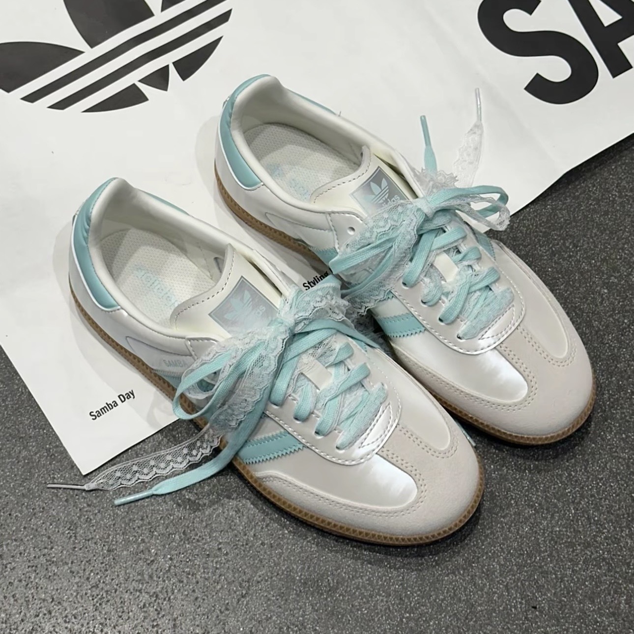 ADIDAS SAMBA OG W 湖水綠 蕾絲 雙鞋帶 珠光 休閒鞋 女鞋 KJ4304