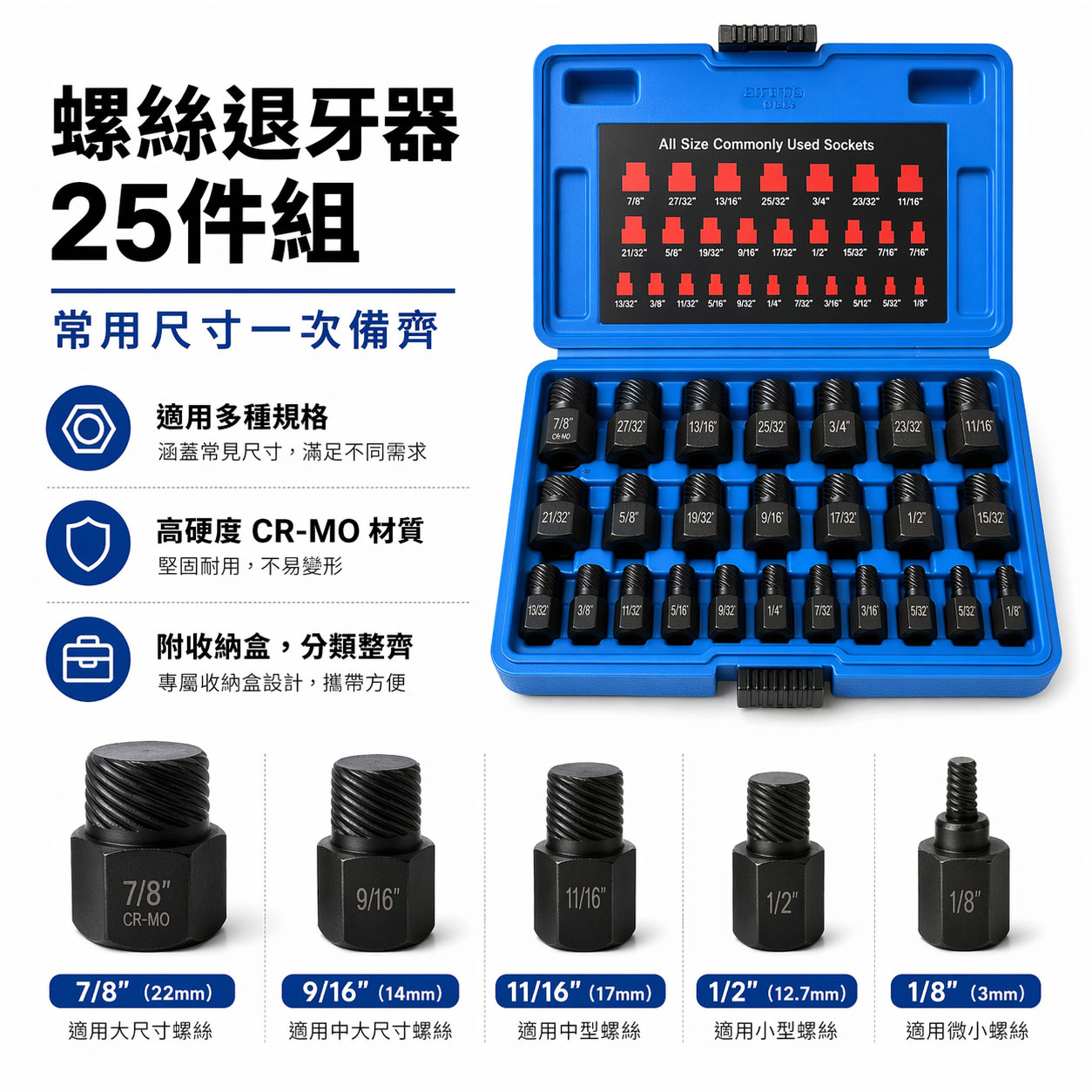 YTL｜螺旋式CR-MO螺旋退牙器 斷頭滑牙螺絲取出器 螺旋式凸軸防脫六角頭 反牙｜25件組｜Y-25PCS