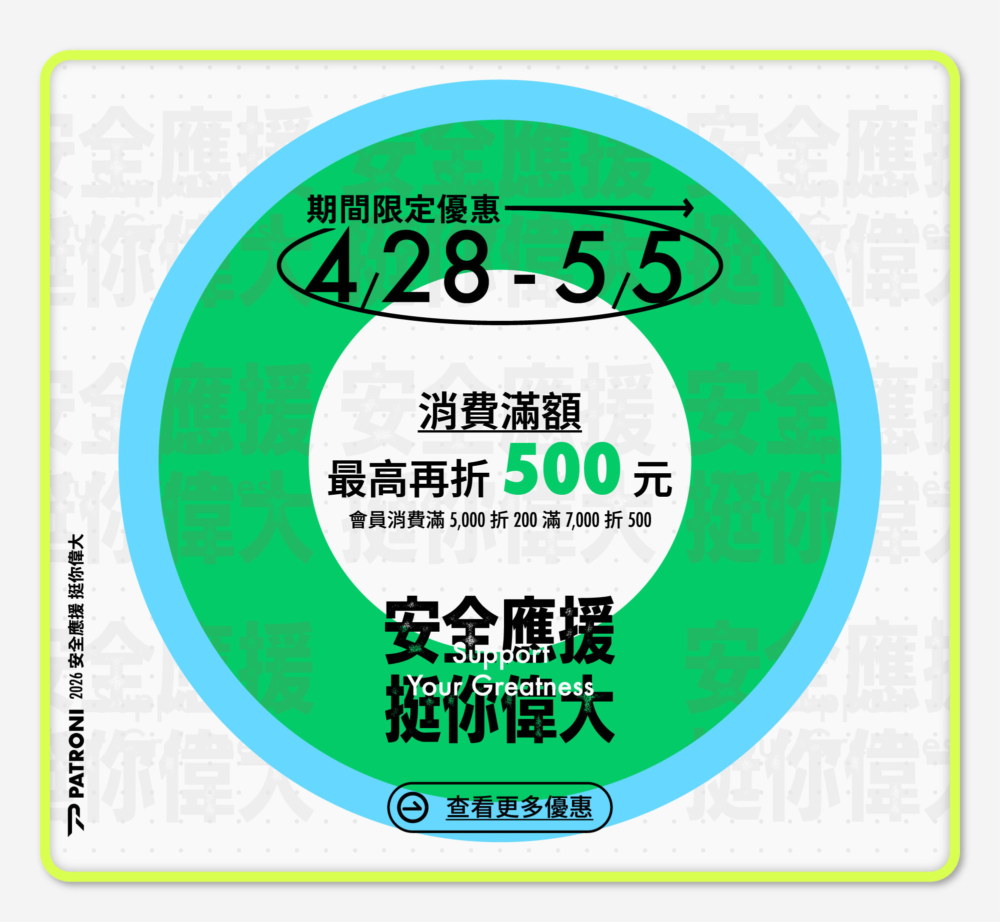 4/28-5/5 登入PATRONI安全鞋會員消費滿額最高折500元！