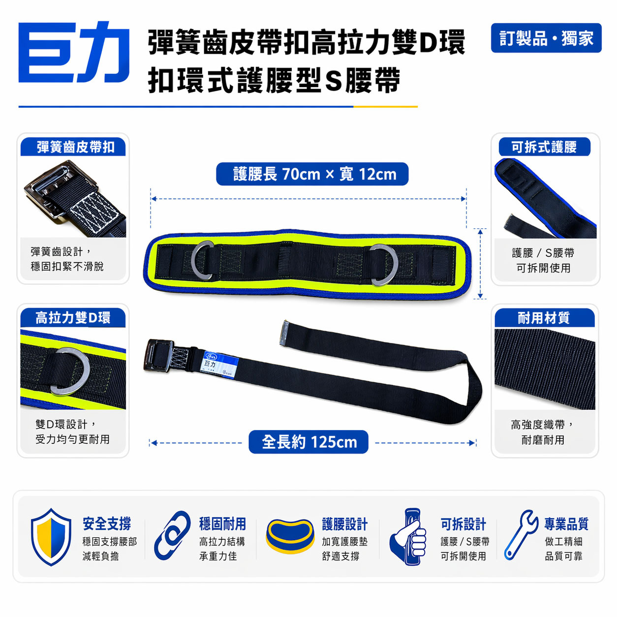 台灣製 巨力｜藍黃-護腰S腰帶｜工具袋護腰皮帶｜工具袋用護腰型S腰帶 彈簧齒皮帶扣高拉力雙D環設計｜工作腰帶