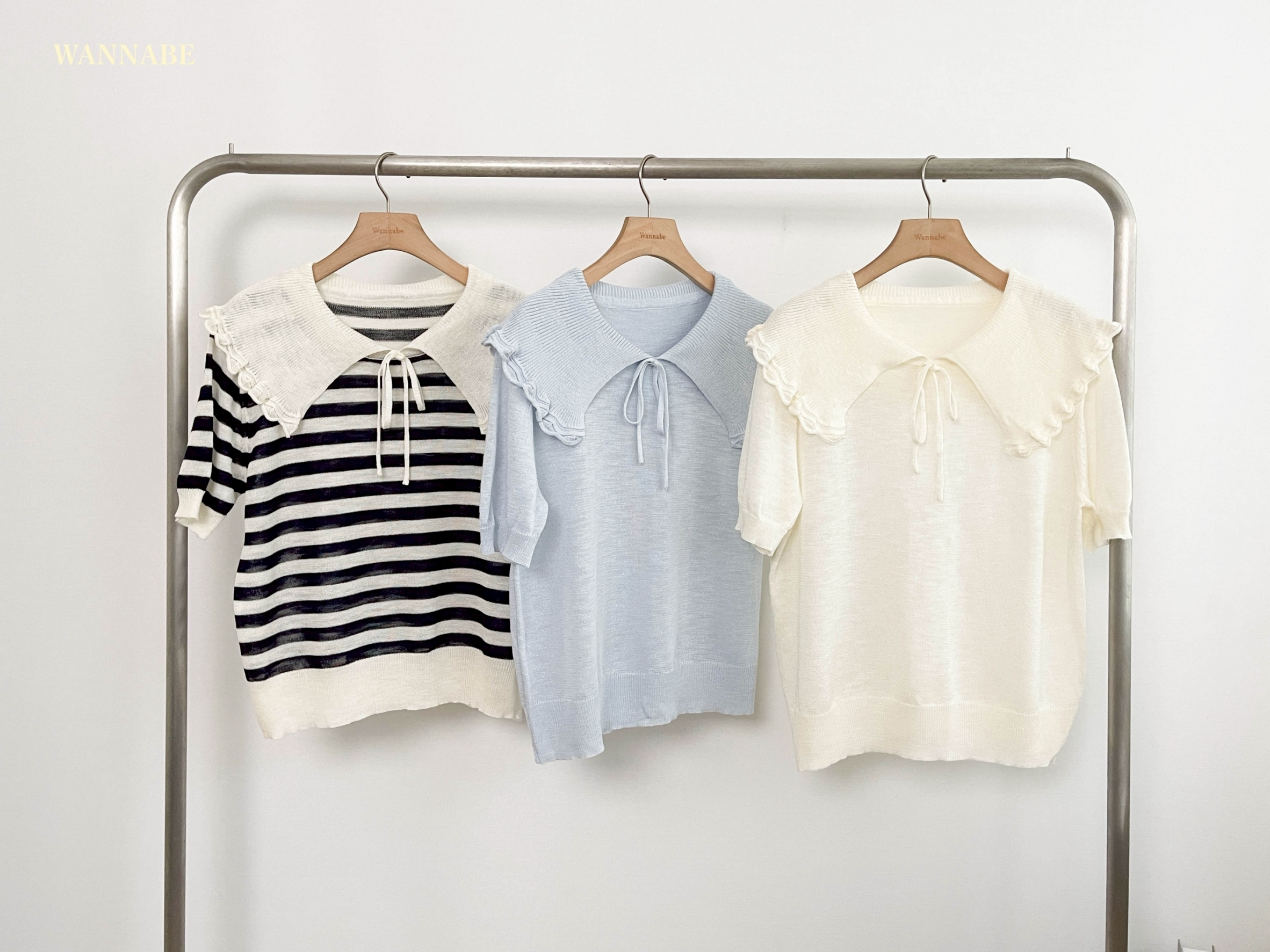 G6178-甜美荷葉領綁帶針織上衣