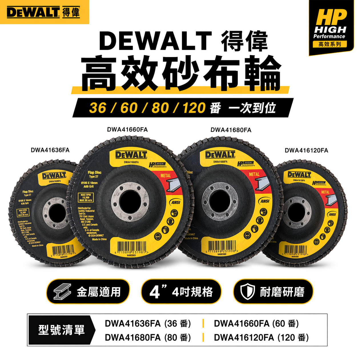DEWALT 得偉 美國｜平面砂布輪 4吋｜#36番 #60 #80 #120番 粒度｜DWA41636FA / DWA41660FA / DWA41680FA / DWA416120FA｜高效耐磨金屬研磨片 不銹鋼金屬石材磨木頭 金屬表面研磨 除銹磨片 除漆 高效耐磨金屬研磨片