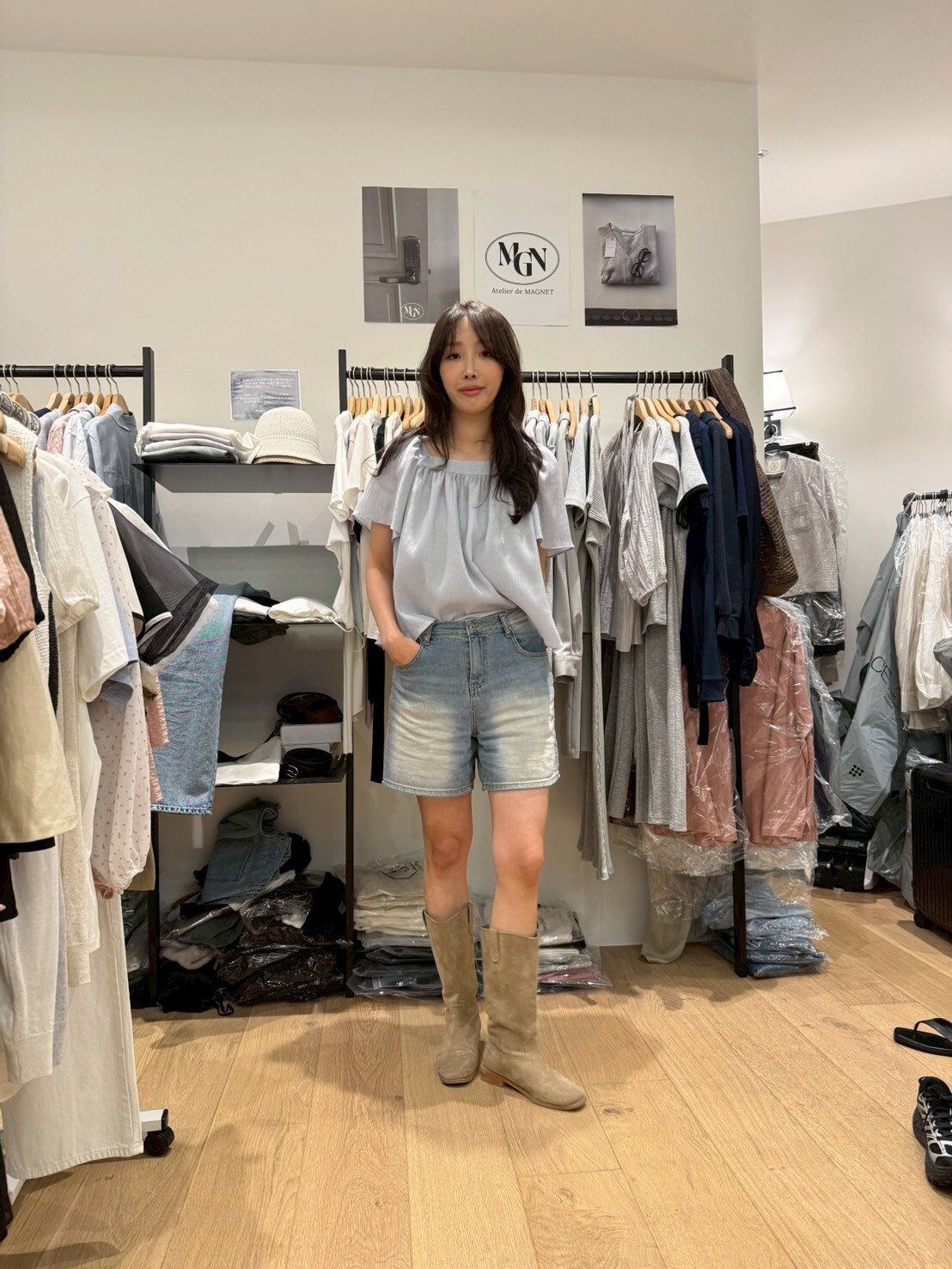 MN6108 洗水H字4分牛仔褲