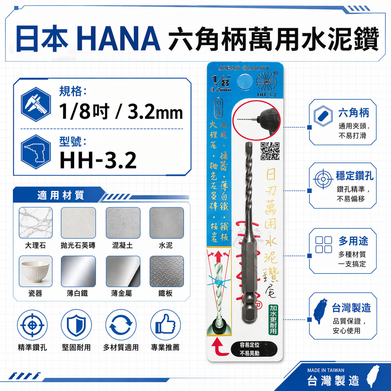 HANA 日本｜1/8" 3.2mm 日式六角柄萬用水泥鑽頭 六角柄水泥鑽頭 金屬拋光石英磚｜HH-3.2
