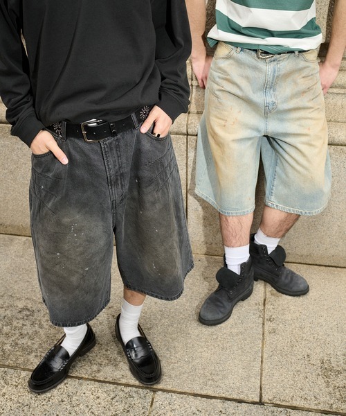 <帥..> 日本 限定 kutir 丹寧 潑漆 仿舊 七分褲 兩色