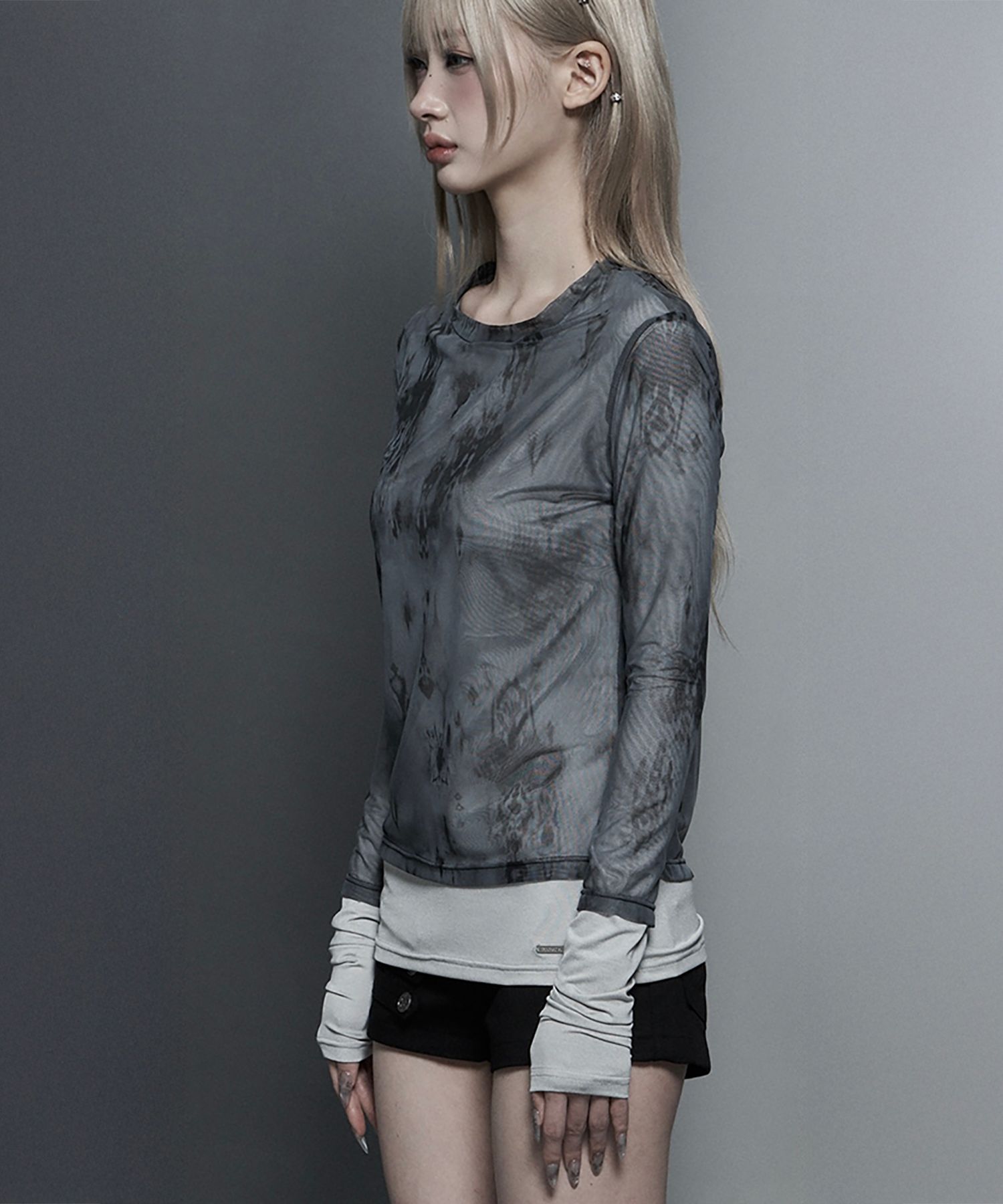 ETRE AU SOMMET透膚雙層羅紋長袖上衣 淺灰 ET26SSTLS09LG