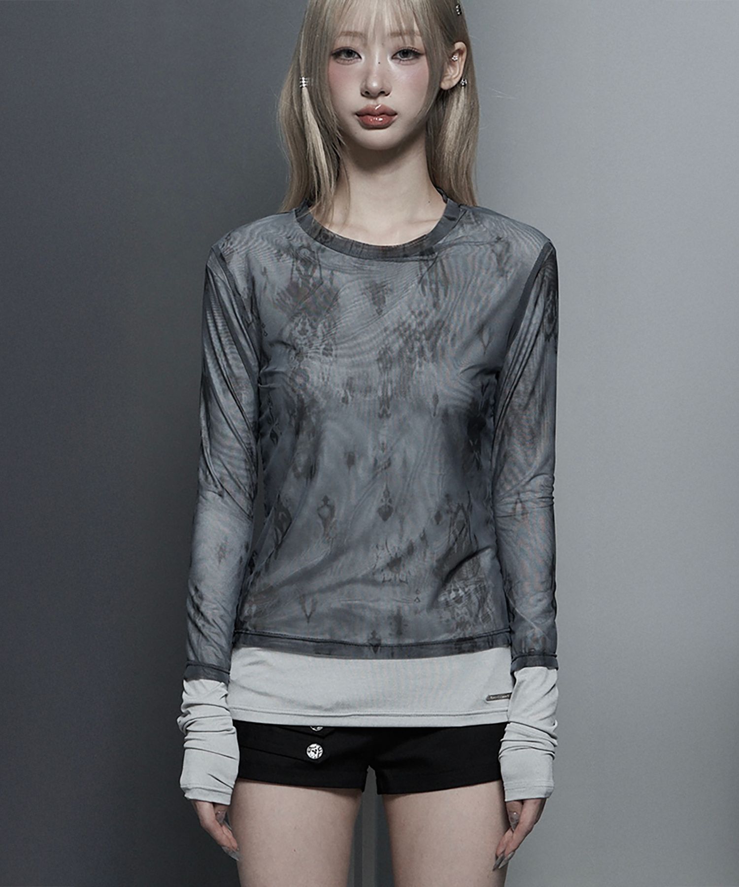 ETRE AU SOMMET透膚雙層羅紋長袖上衣 淺灰 ET26SSTLS09LG